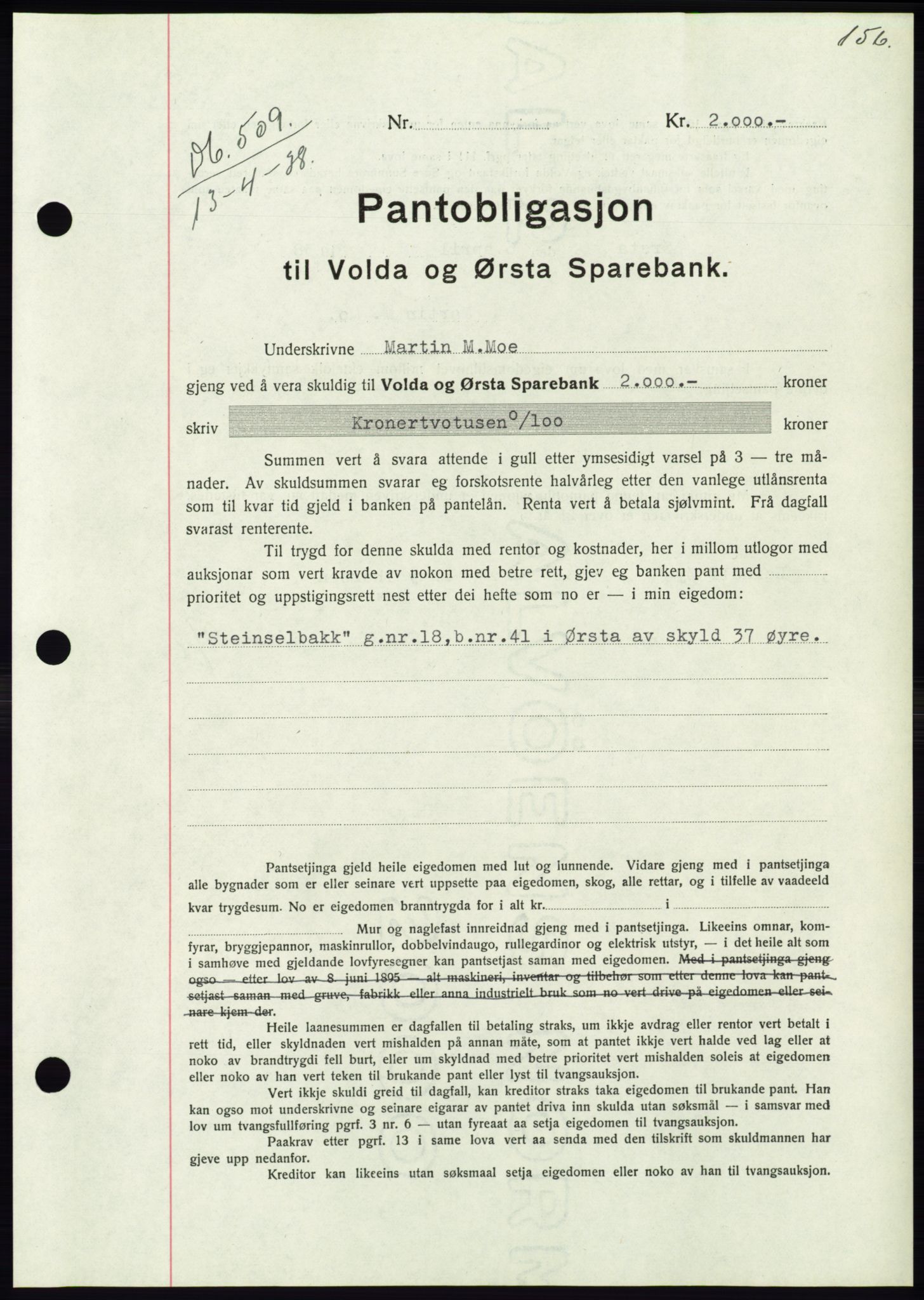 Søre Sunnmøre sorenskriveri, AV/SAT-A-4122/1/2/2C/L0065: Mortgage book no. 59, 1938-1938, Diary no: : 509/1938