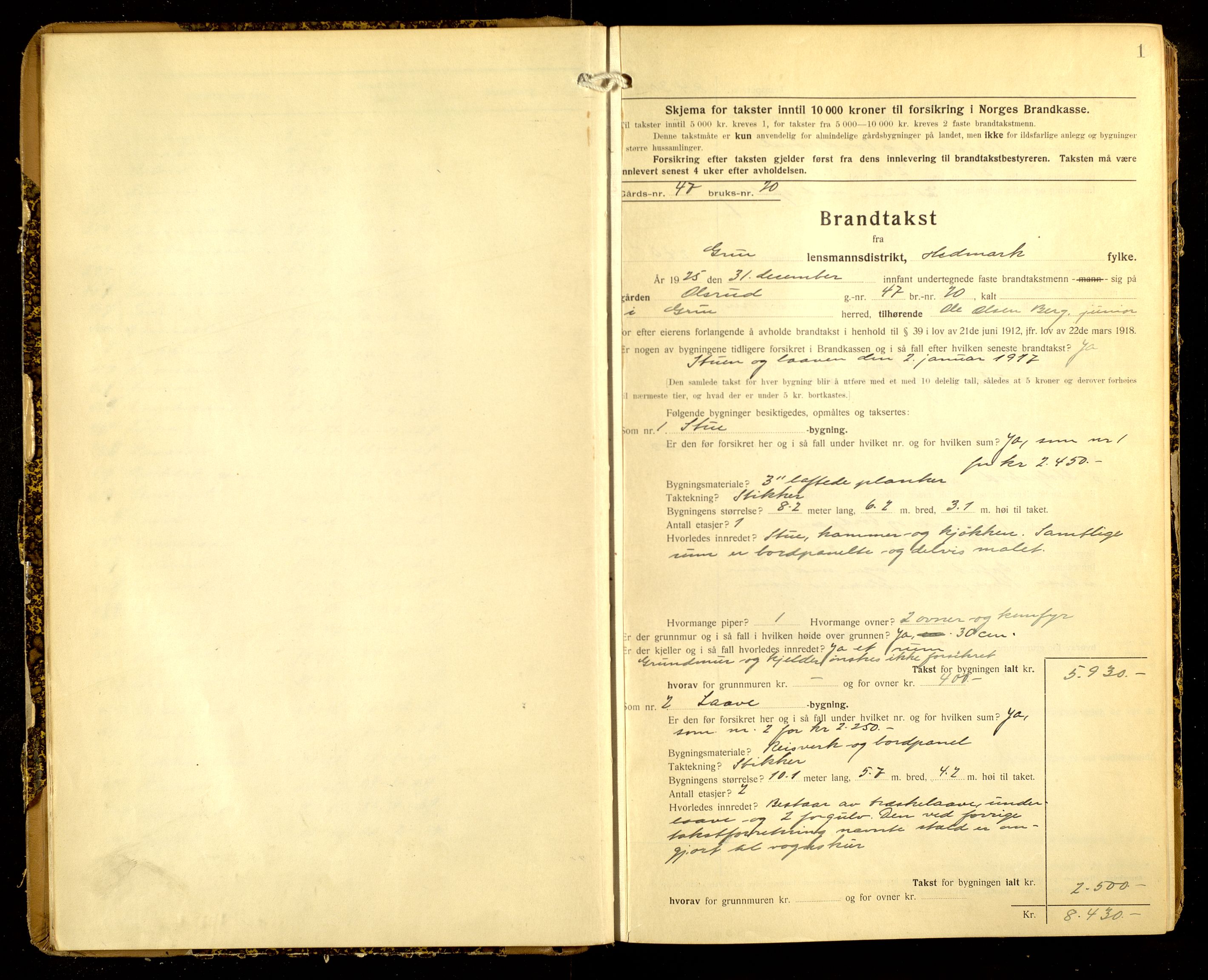 Norges Brannkasse, Grue, AV/SAH-NBRANG-016/F/L0020: Branntakstprotokoll, 1925-1929