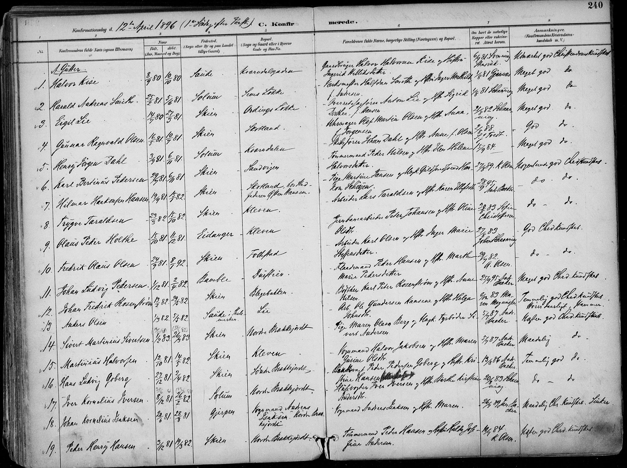 Skien kirkebøker, SAKO/A-302/F/Fa/L0010: Parish register (official) no. 10, 1891-1899, p. 240