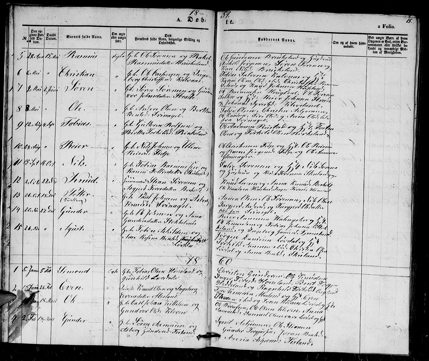 Holum sokneprestkontor, SAK/1111-0022/F/Fb/Fbb/L0002: Parish register (copy) no. B 2, 1847-1874, p. 15
