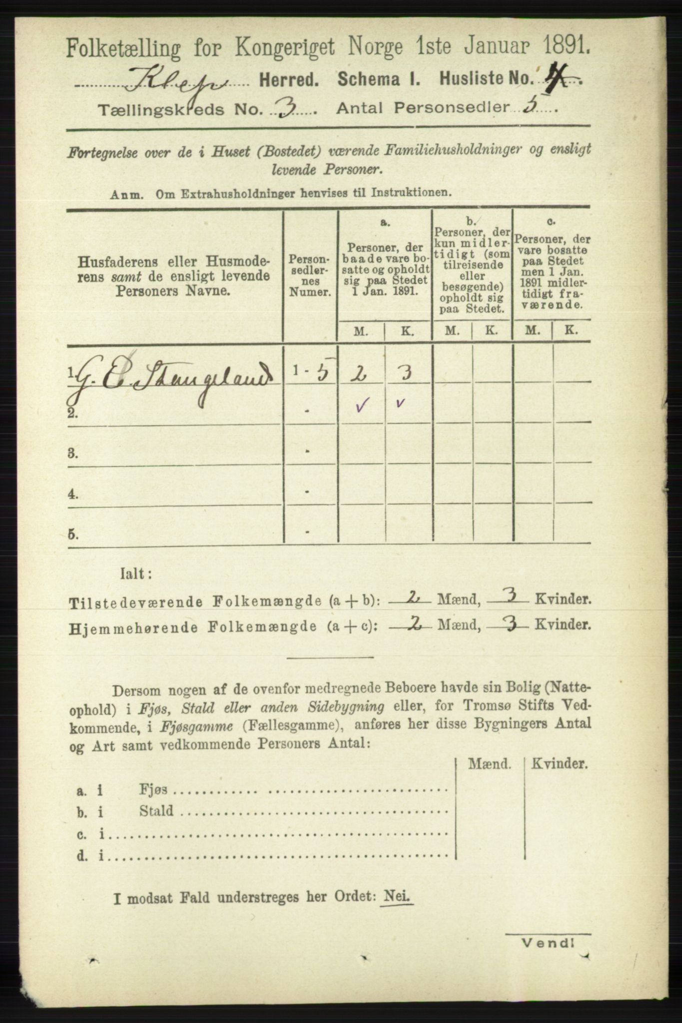 RA, 1891 census for 1120 Klepp, 1891, p. 594