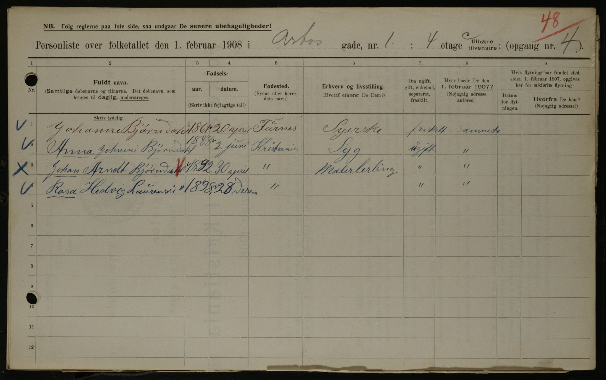 OBA, Municipal Census 1908 for Kristiania, 1908, p. 1992