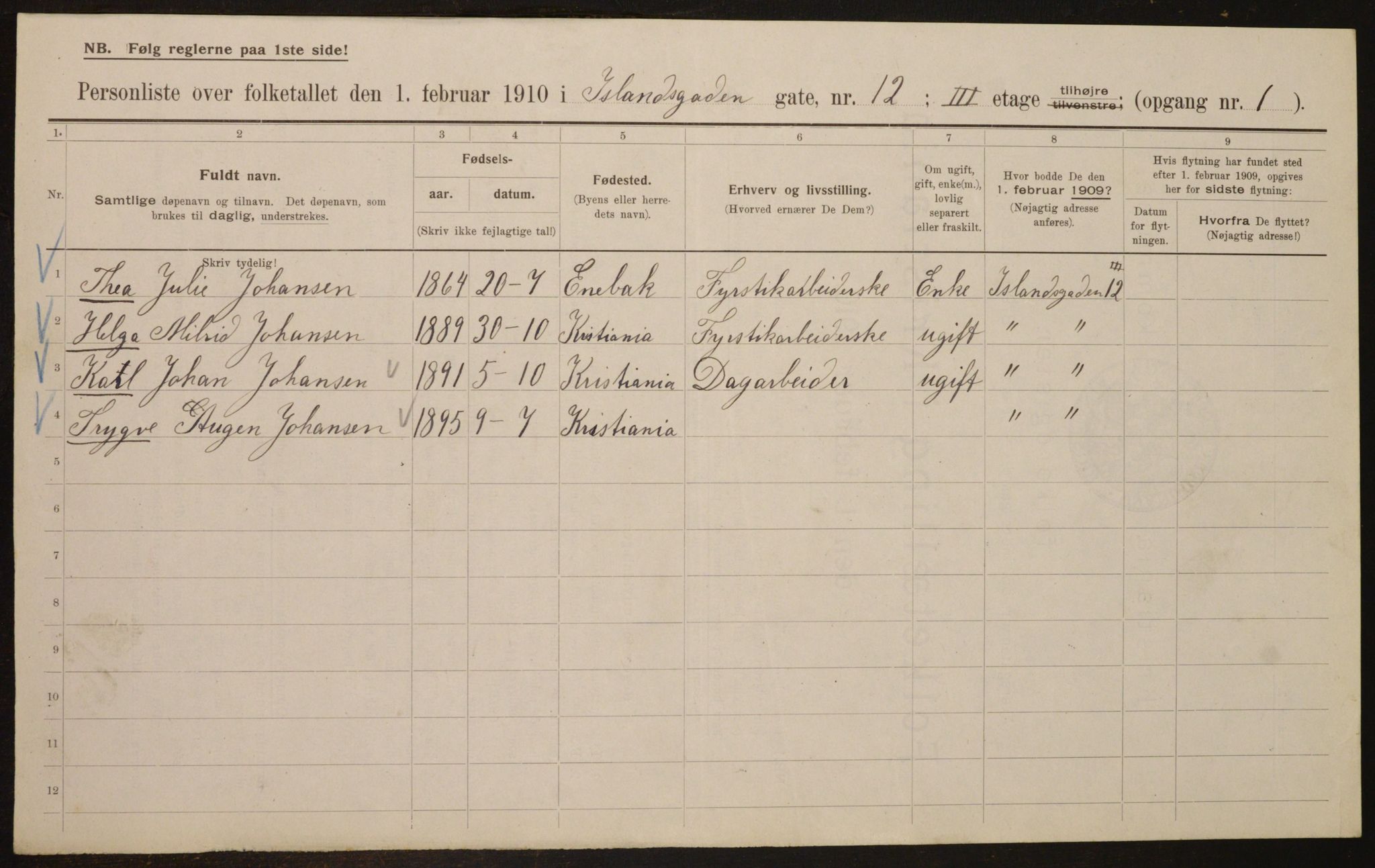 OBA, Municipal Census 1910 for Kristiania, 1910, p. 43562