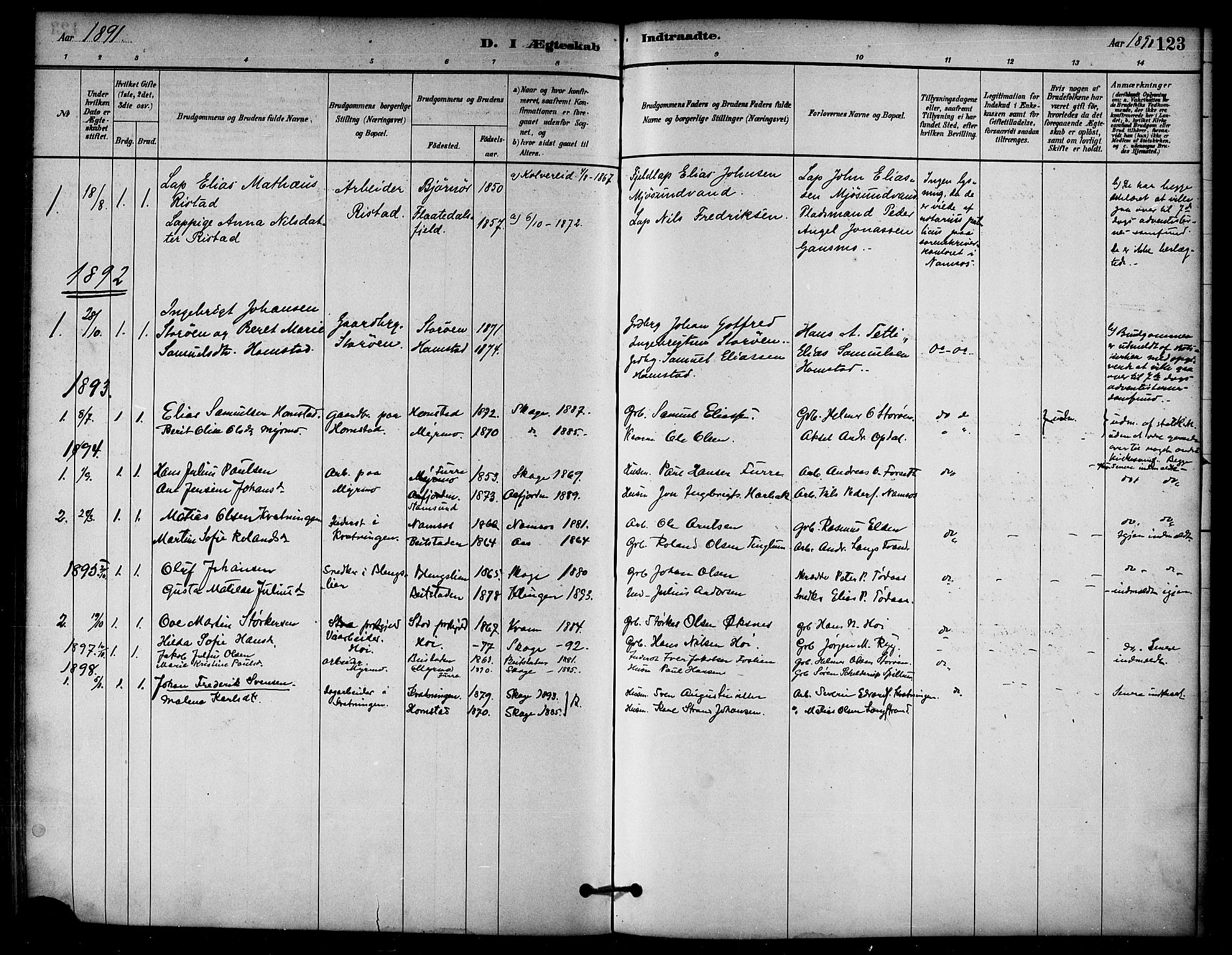 Ministerialprotokoller, klokkerbøker og fødselsregistre - Nord-Trøndelag, SAT/A-1458/766/L0563: Parish register (official) no. 767A01, 1881-1899, p. 123