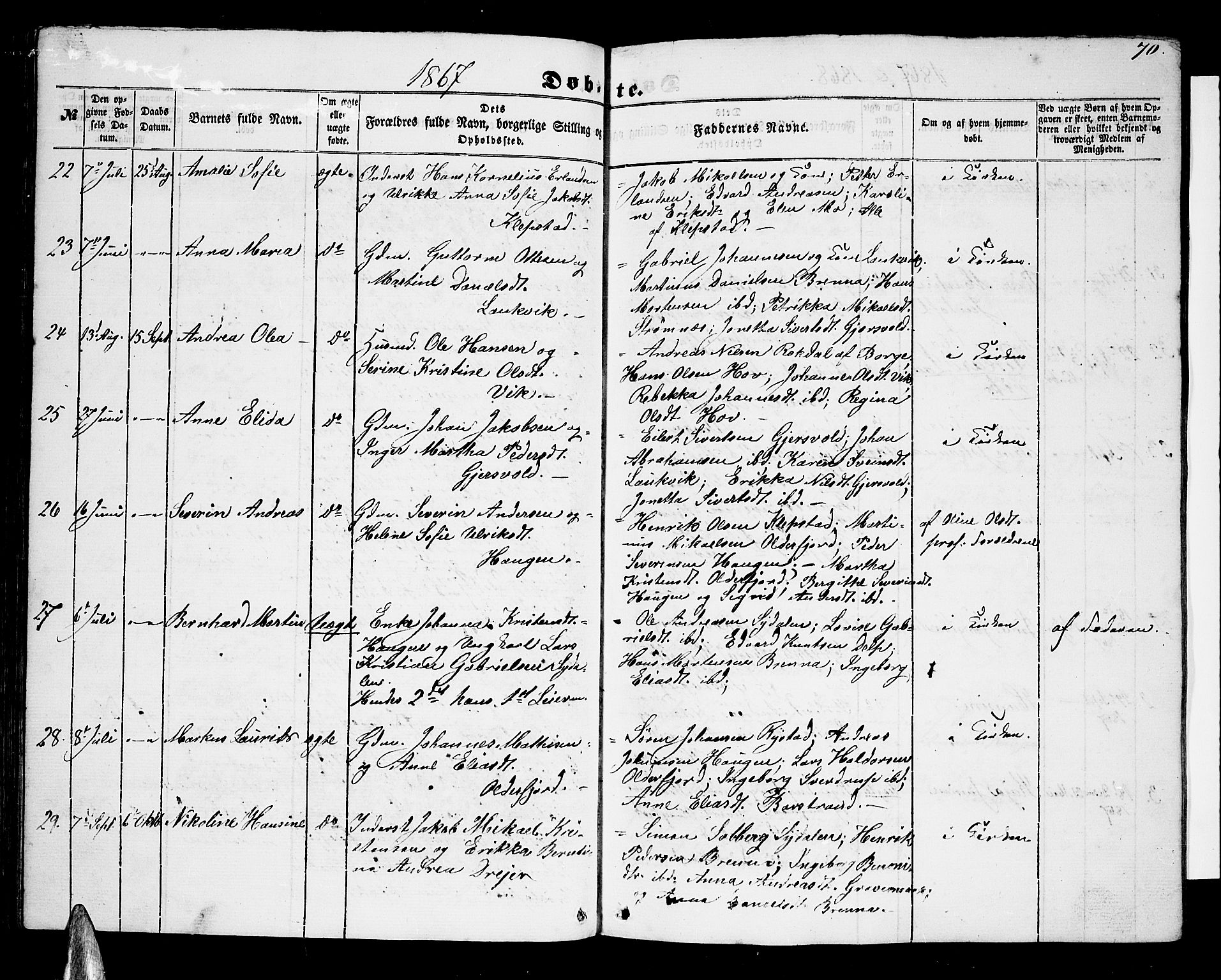 Ministerialprotokoller, klokkerbøker og fødselsregistre - Nordland, SAT/A-1459/876/L1102: Parish register (copy) no. 876C01, 1852-1886, p. 70