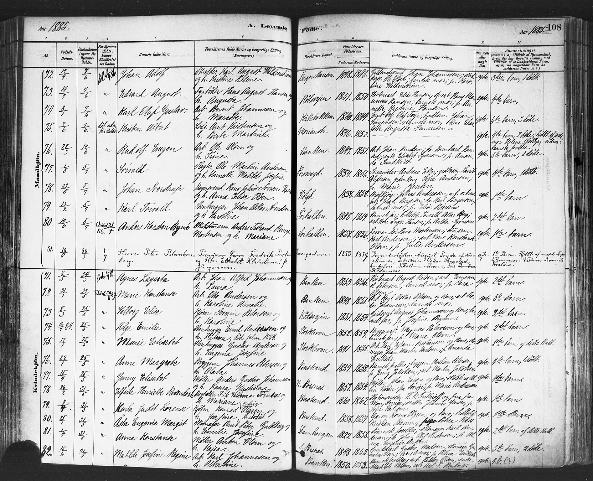 Halden prestekontor Kirkebøker, SAO/A-10909/F/Fa/L0011: Parish register (official) no. I 11, 1878-1889, p. 108