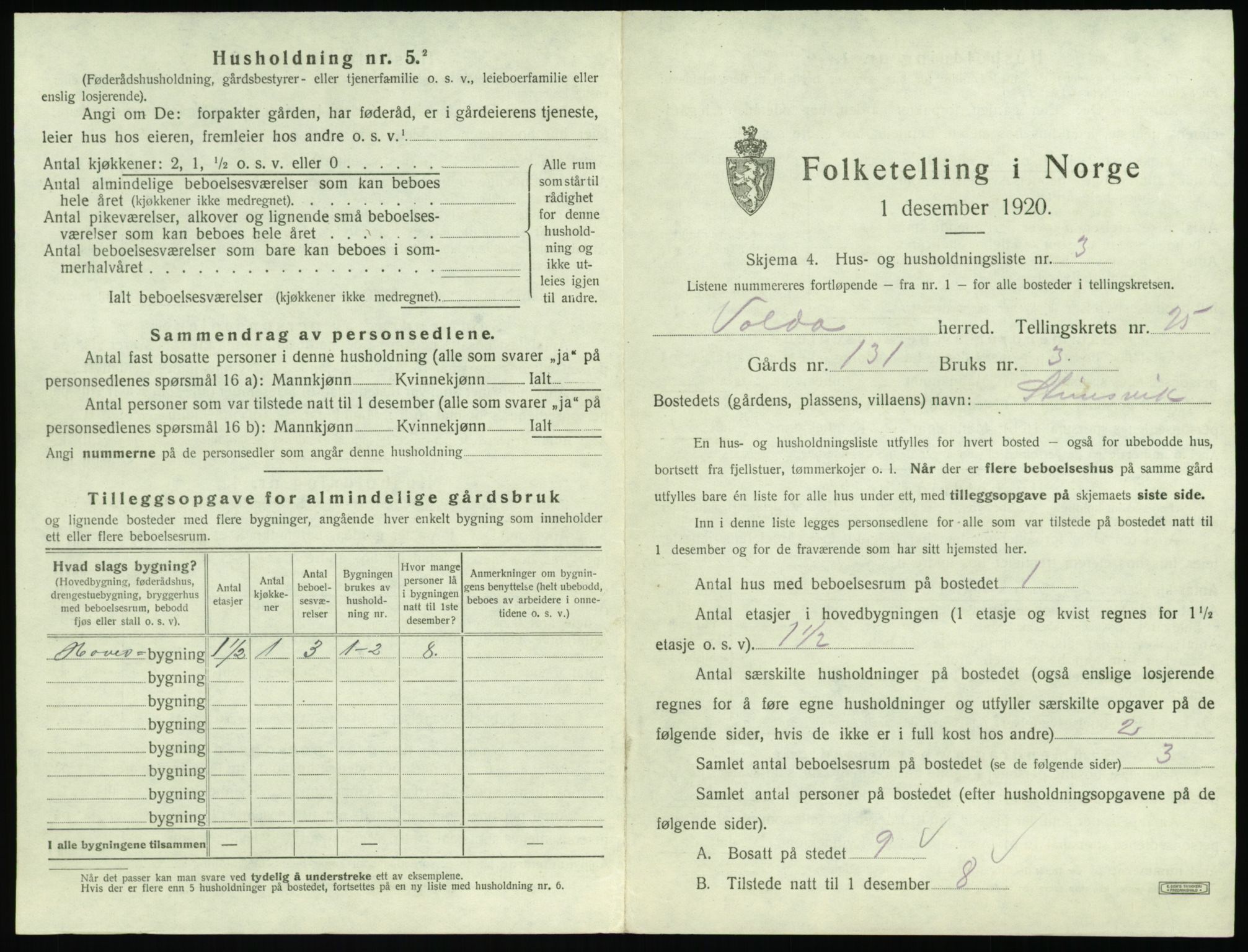 SAT, 1920 census for Volda, 1920, p. 1634