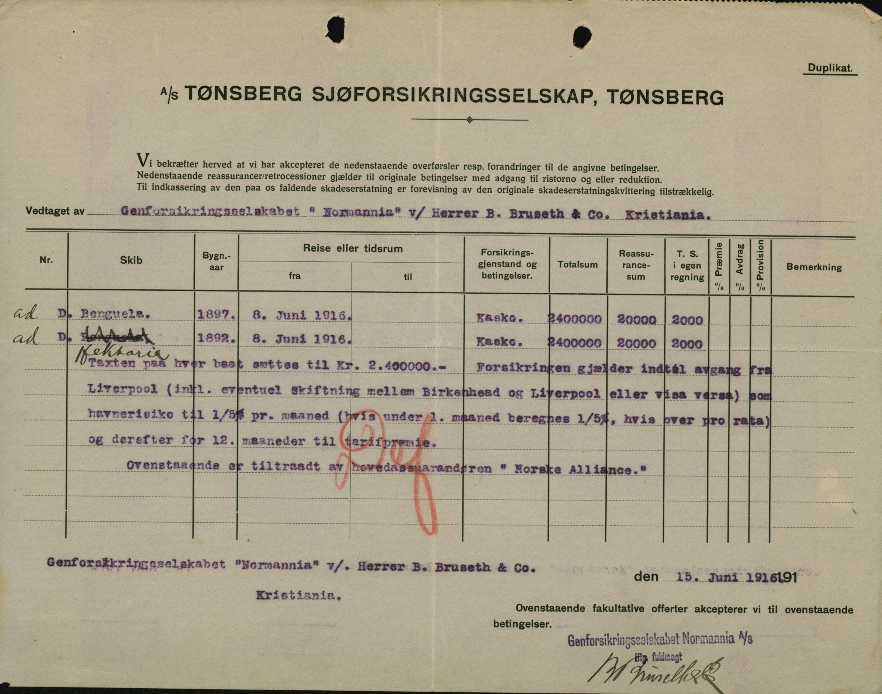 Pa 664 - Tønsberg Sjøforsikringsselskap, VEMU/A-1773/F/L0001: Forsikringspoliser, 1915-1918