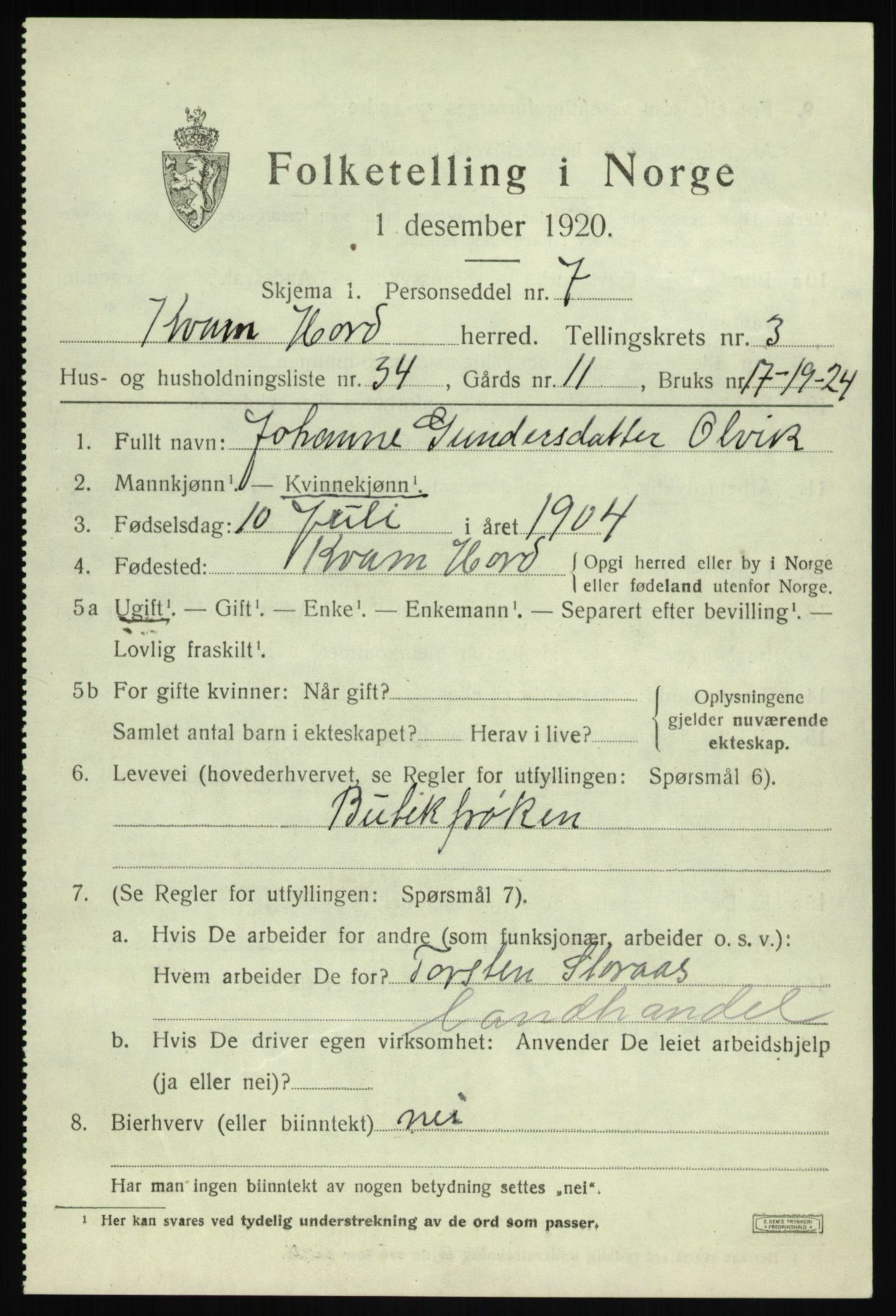 SAB, 1920 census for Kvam, 1920, p. 2949