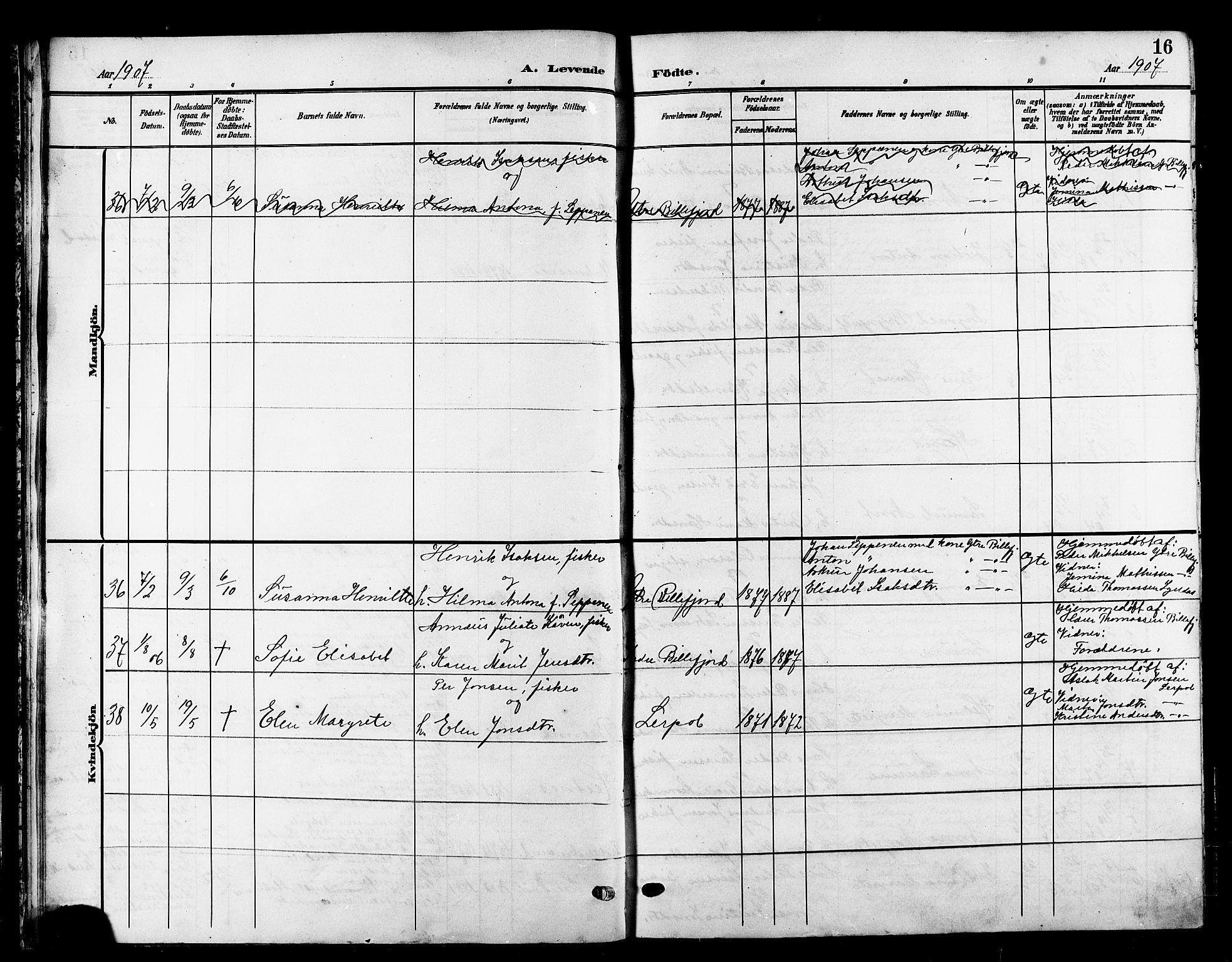 Kistrand/Porsanger sokneprestembete, AV/SATØ-S-1351/H/Hb/L0006.klokk: Parish register (copy) no. 6, 1905-1917, p. 16