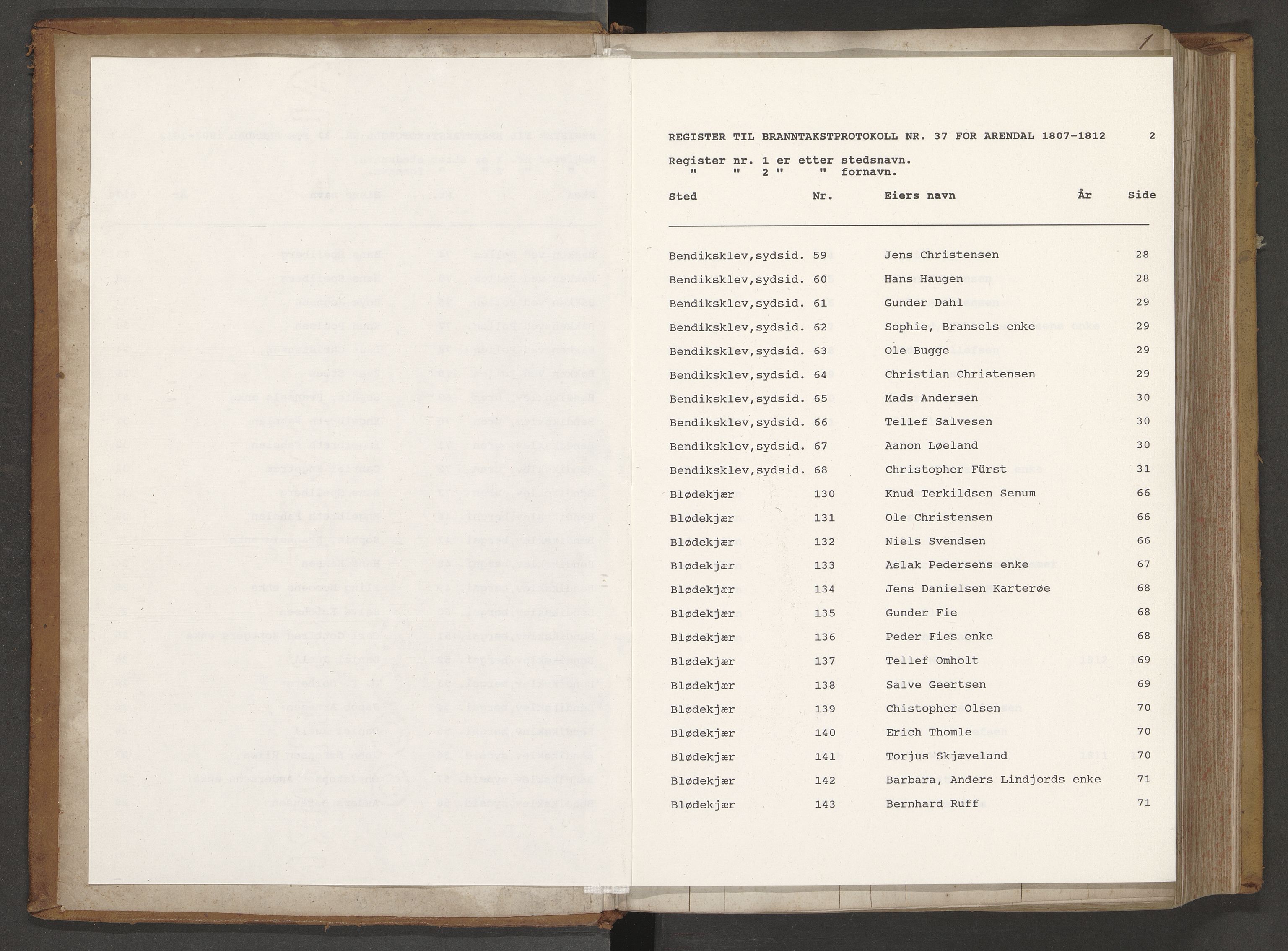 Norges Brannkasse Arendal, AV/SAK-2241-0002/F/Fa/L0039: Brannforsikringsprotokoll nr. 37 med steds- og fornavnsregister, 1807-1817