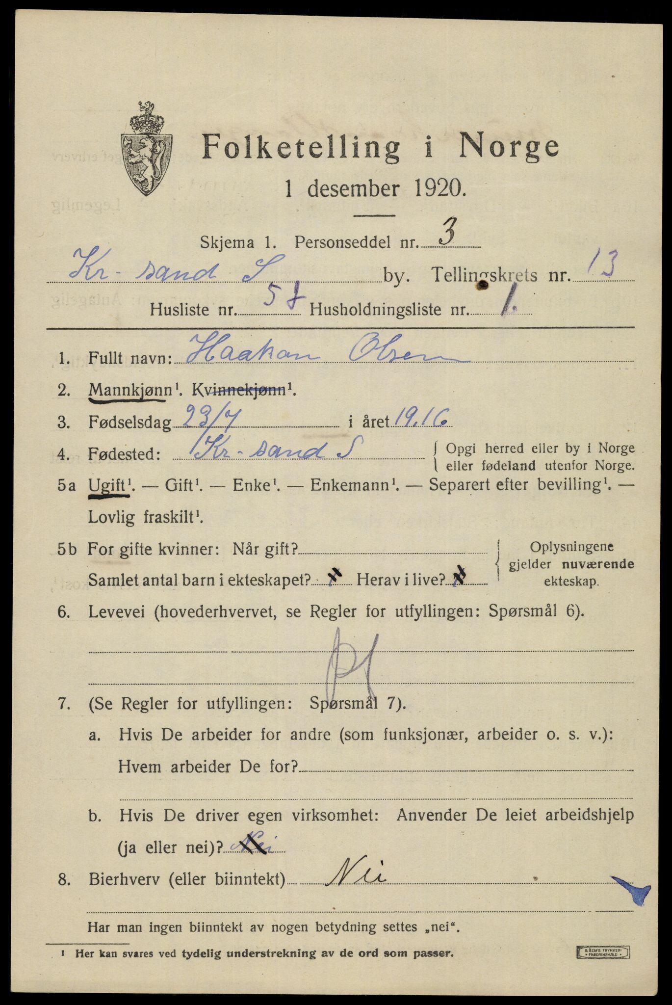 SAK, 1920 census for Kristiansand, 1920, p. 28275