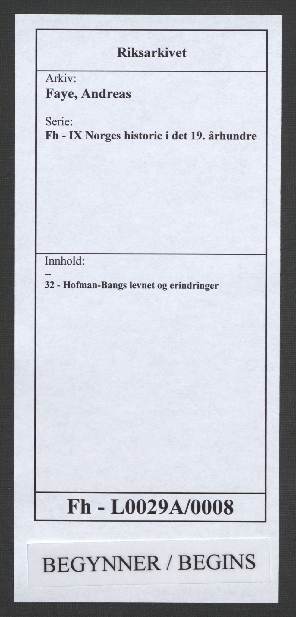 Faye, Andreas, AV/RA-PA-0015/F/Fh/L0029A/0008: -- / Hofman-Bangs levnet og erindringer, p. 1