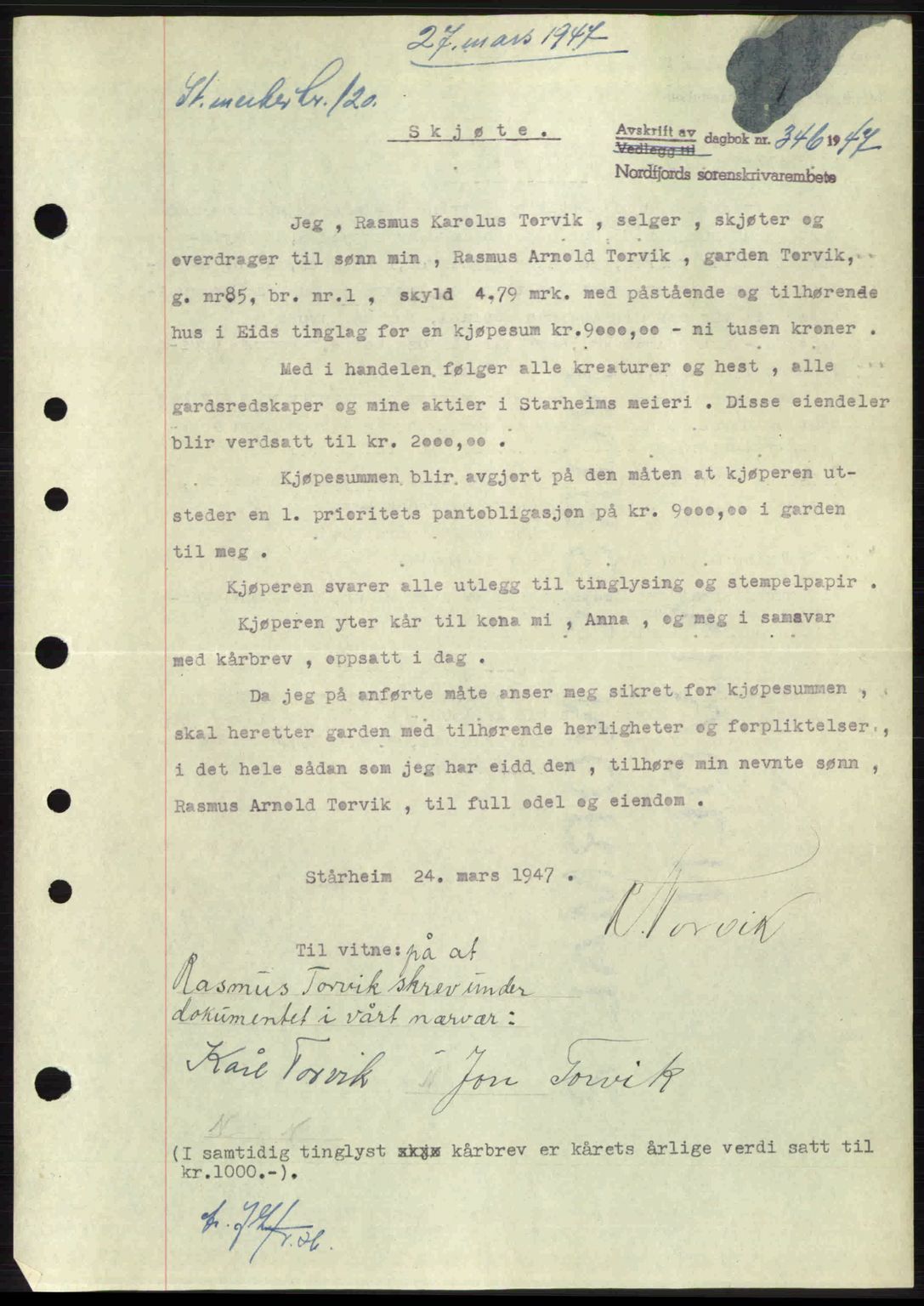 Nordfjord sorenskriveri, AV/SAB-A-2801/02/02b/02bj/L0011: Mortgage book no. A11, 1946-1947, Diary no: : 346/1947