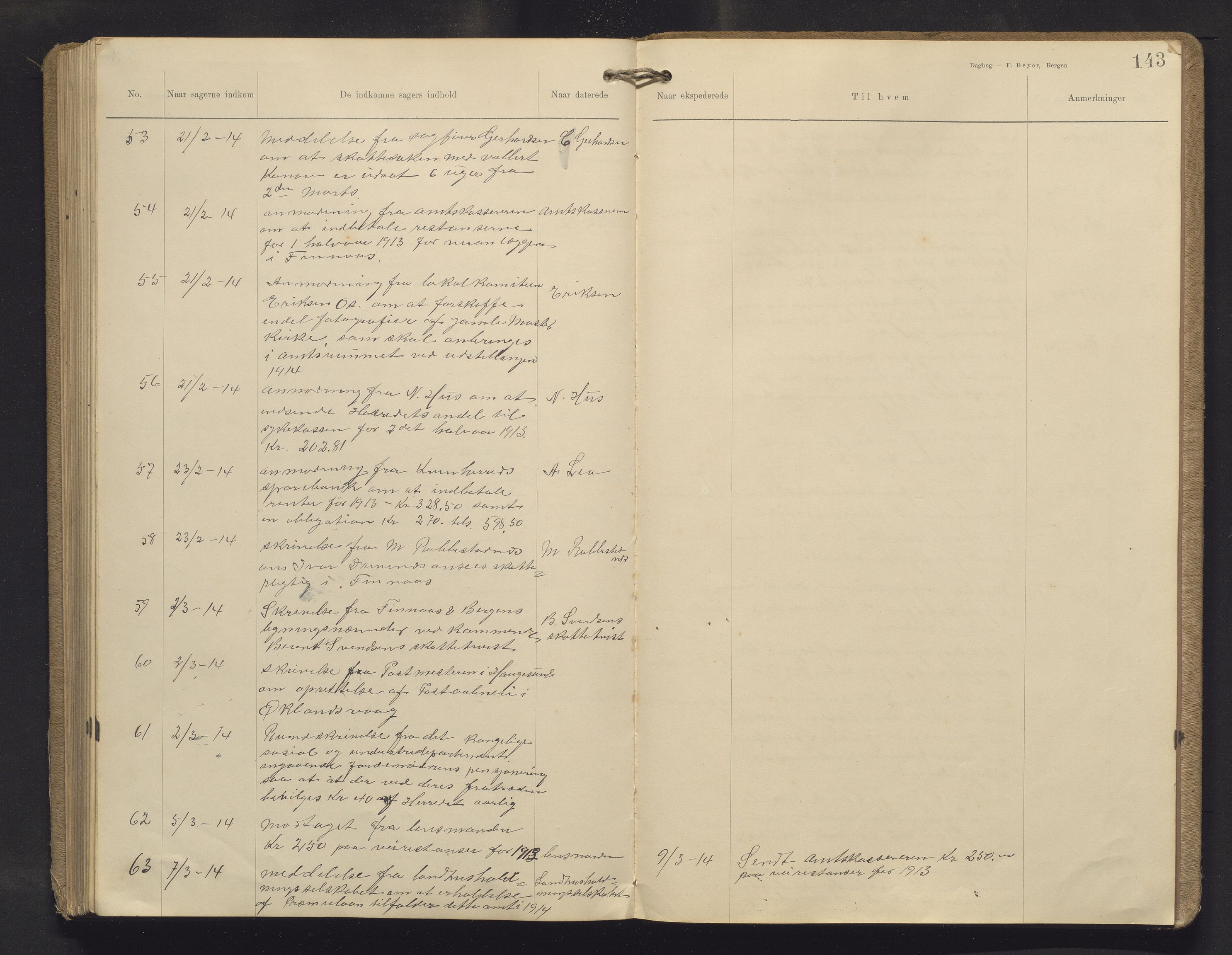Finnaas kommune. Formannskapet, IKAH/1218a-021/C/Ca/L0003: Postjournal for formannskapet, 1902-1914, p. 143