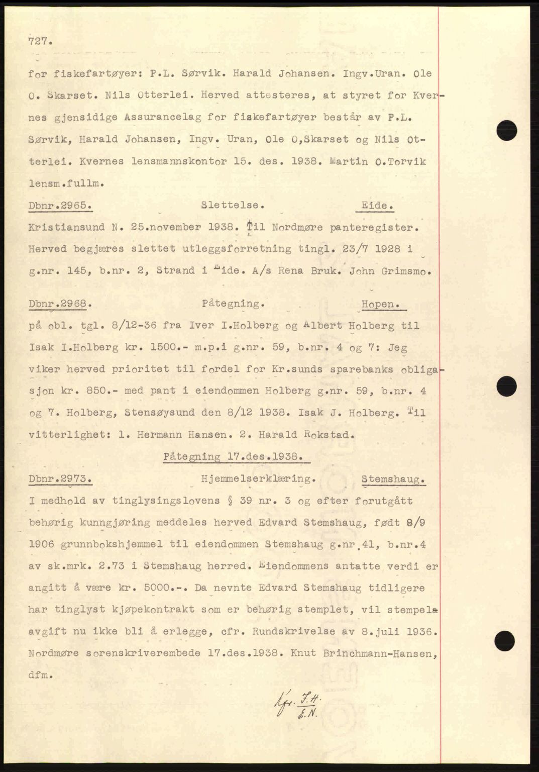 Nordmøre sorenskriveri, AV/SAT-A-4132/1/2/2Ca: Mortgage book no. C80, 1936-1939, Diary no: : 2965/1938