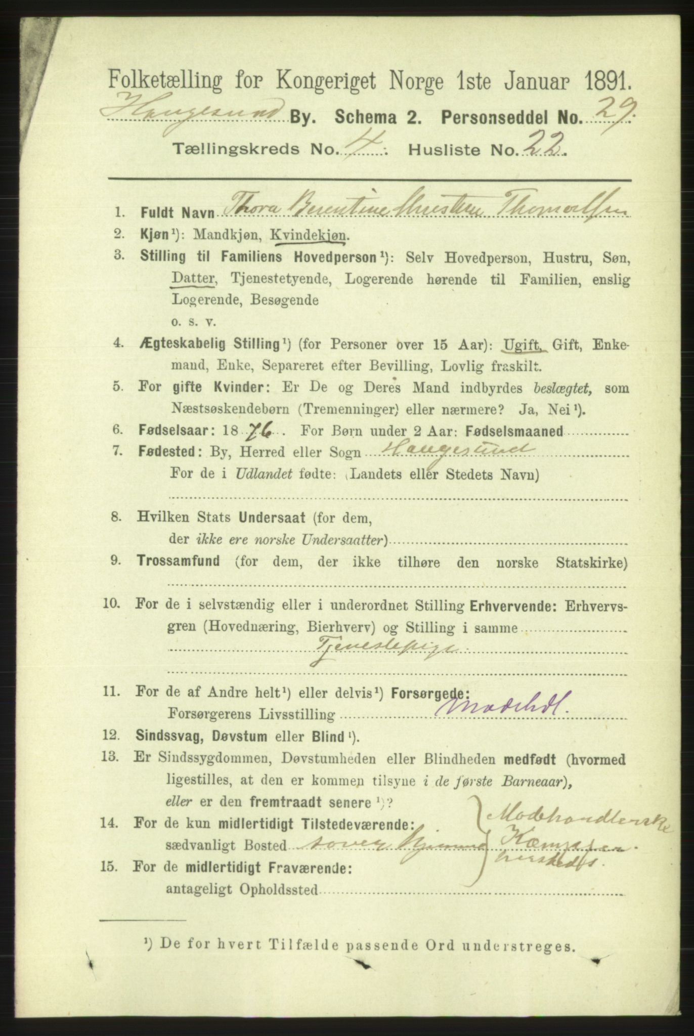 RA, 1891 census for 1106 Haugesund, 1891, p. 1457