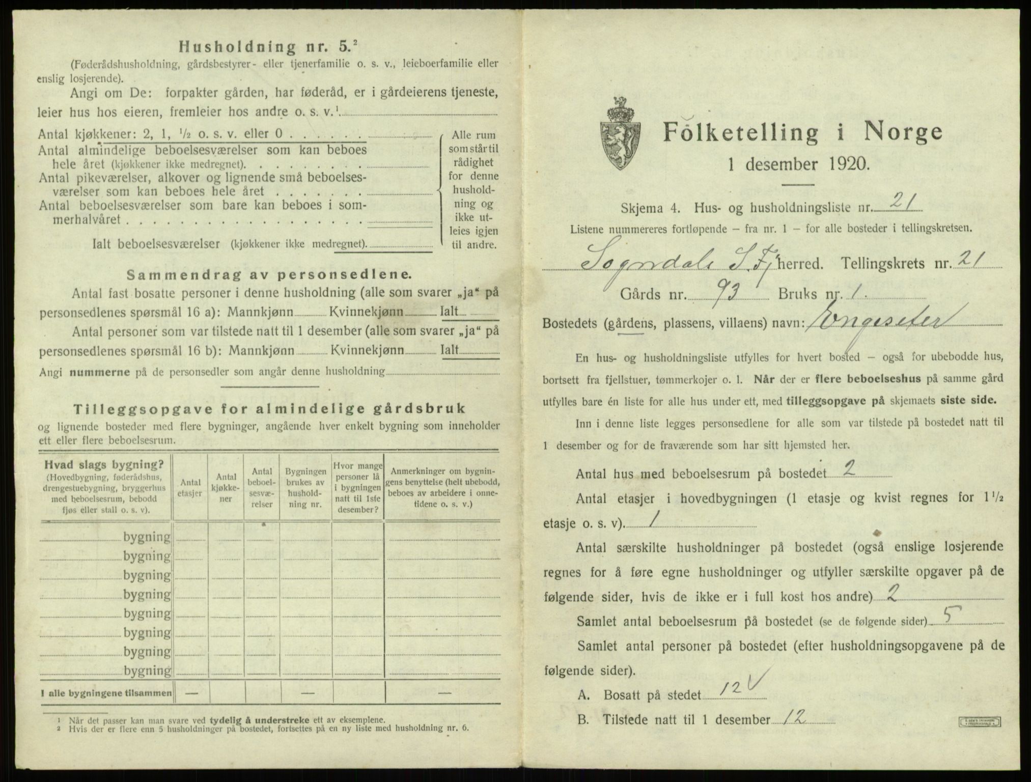 SAB, 1920 census for Sogndal, 1920, p. 1173