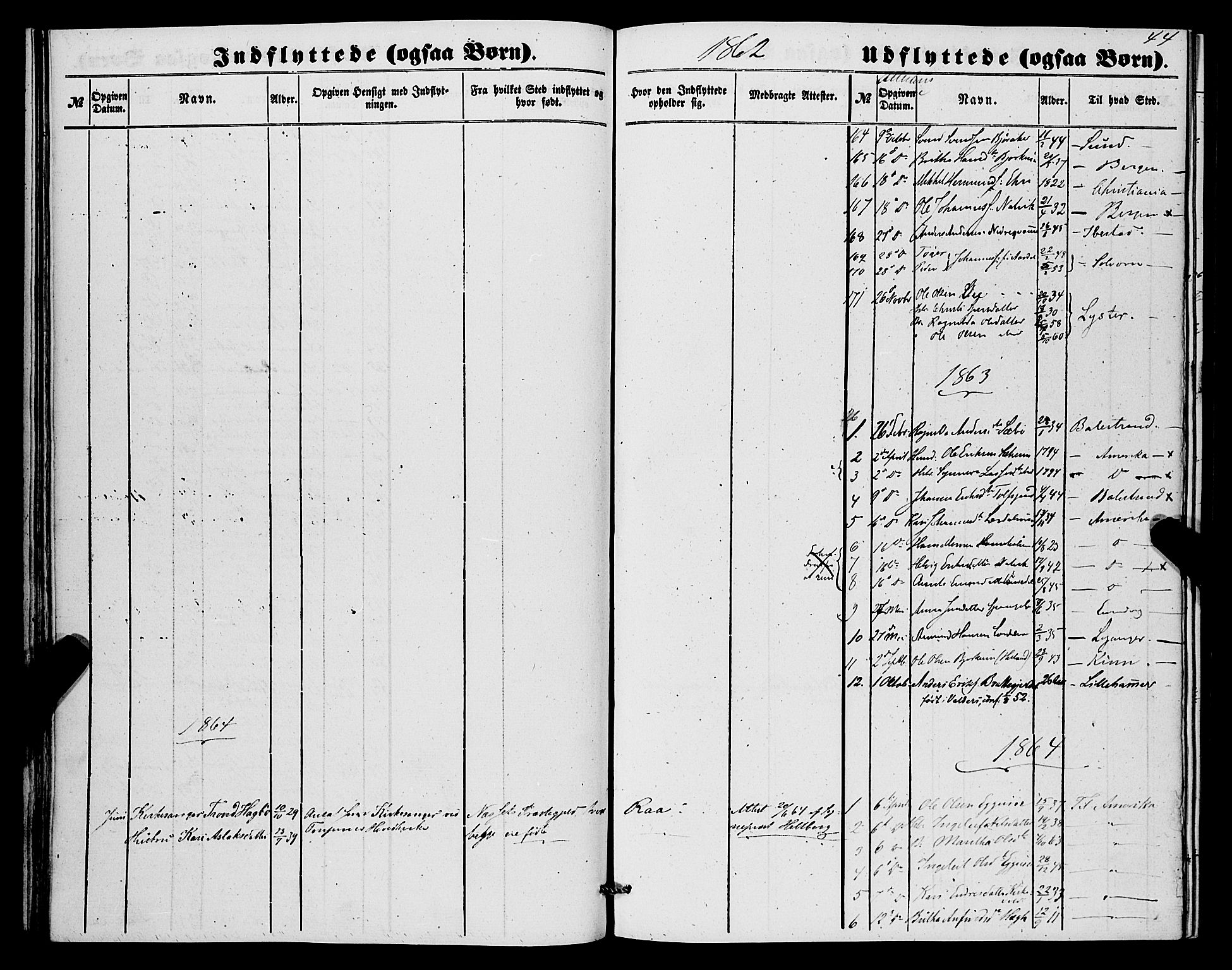 Lærdal sokneprestembete, AV/SAB-A-81201: Parish register (official) no. A 17, 1851-1877, p. 44