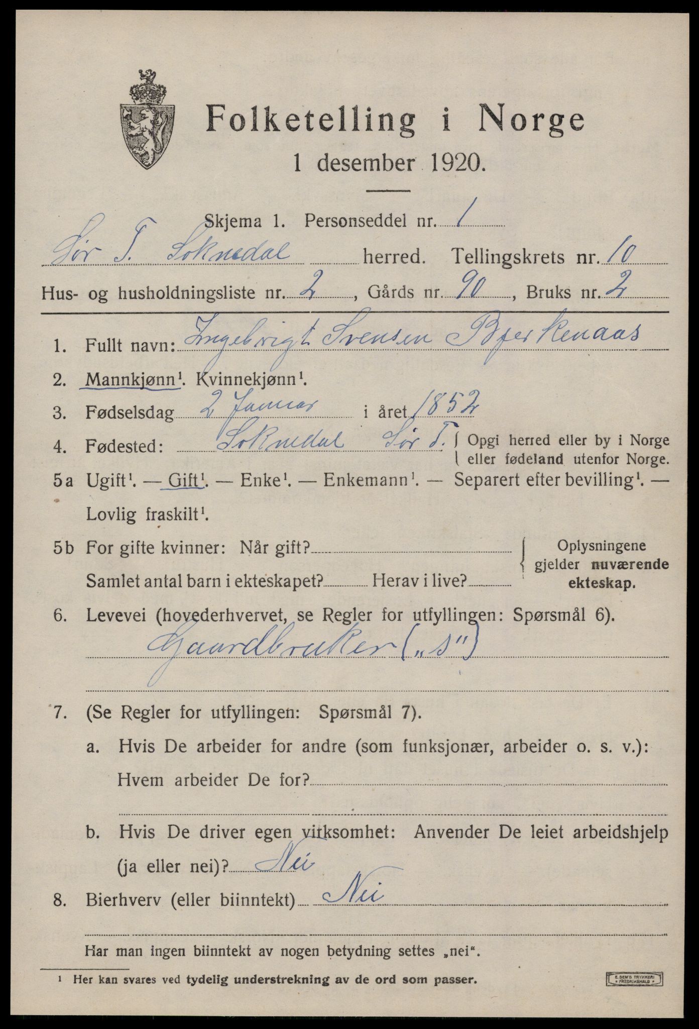 SAT, 1920 census for Soknedal, 1920, p. 4594