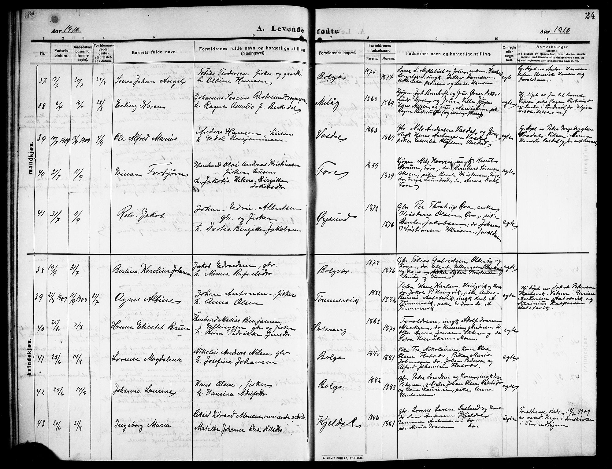 Ministerialprotokoller, klokkerbøker og fødselsregistre - Nordland, AV/SAT-A-1459/843/L0639: Parish register (copy) no. 843C08, 1908-1924, p. 24