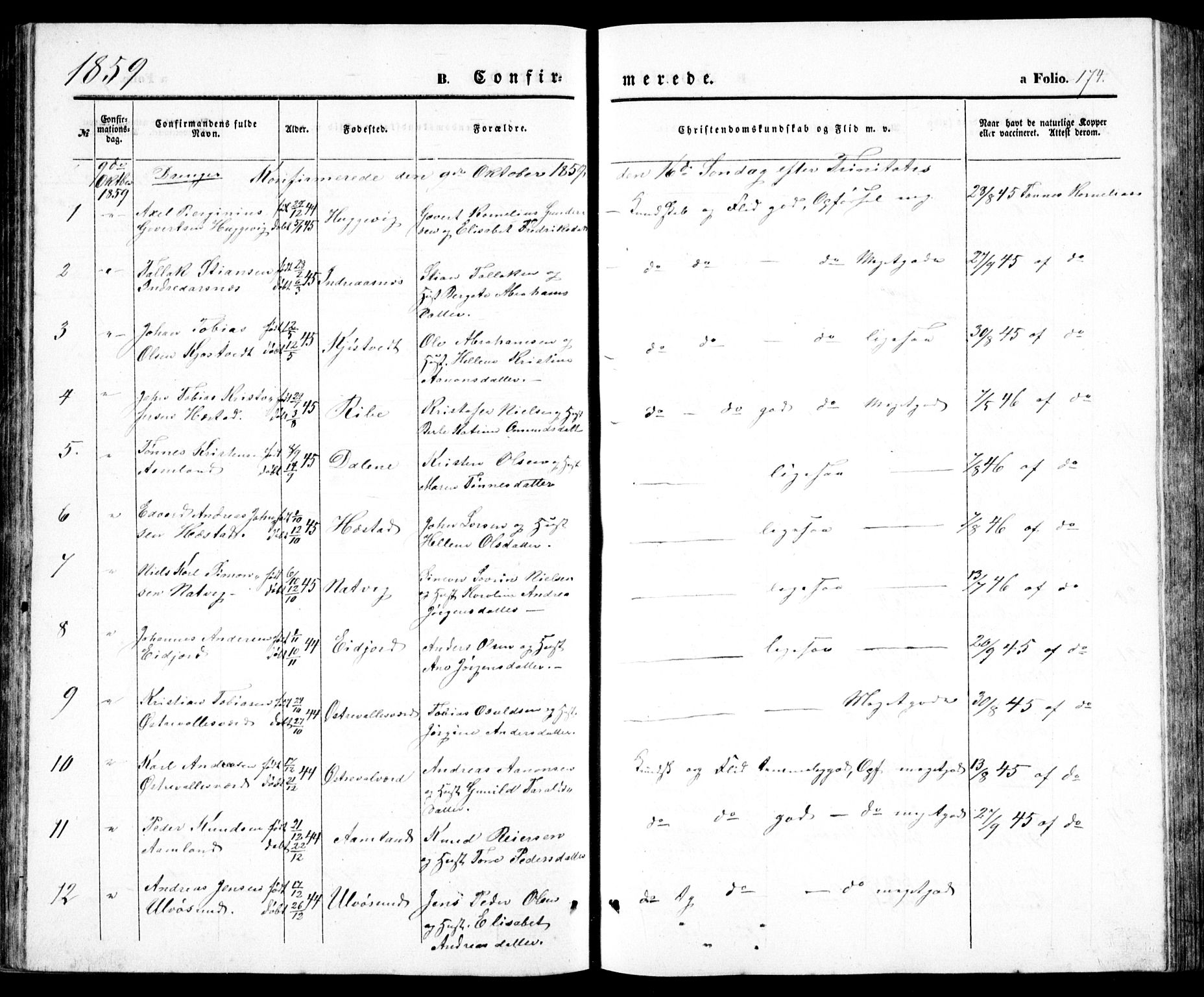Høvåg sokneprestkontor, SAK/1111-0025/F/Fb/L0002: Parish register (copy) no. B 2, 1847-1869, p. 174
