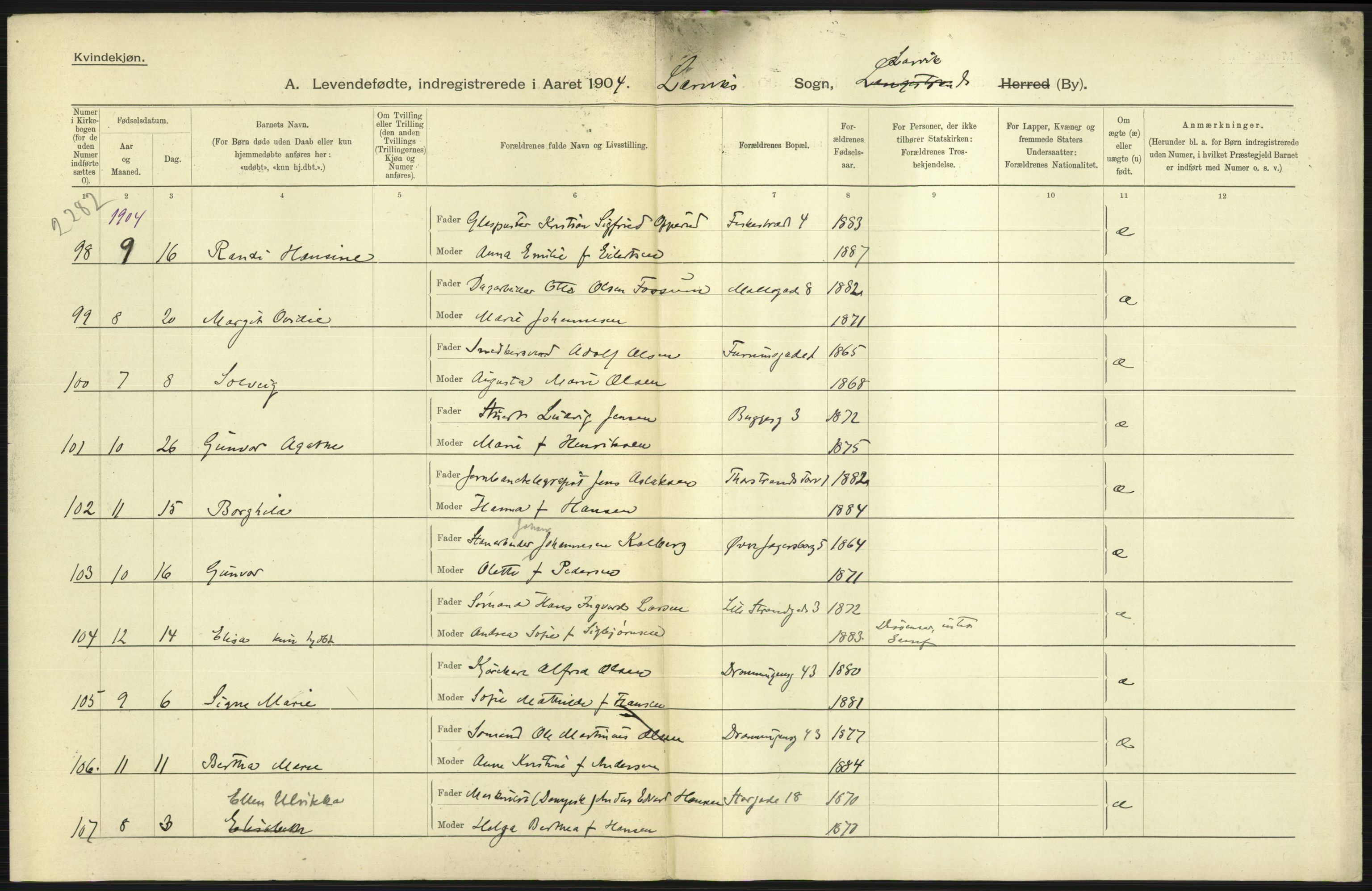 Statistisk sentralbyrå, Sosiodemografiske emner, Befolkning, AV/RA-S-2228/D/Df/Dfa/Dfab/L0008: Jarlsberg og Larvig amt: Fødte, gifte, døde, 1904, p. 265