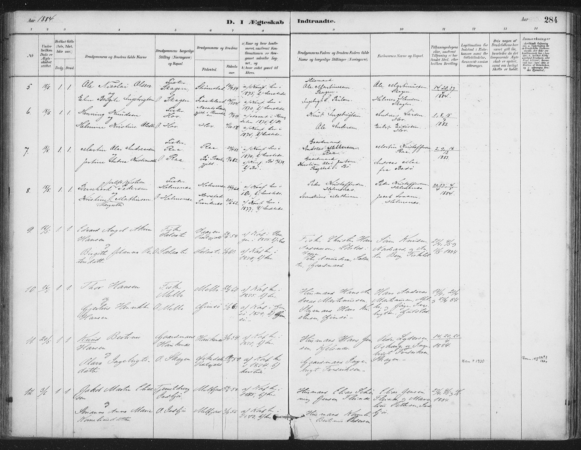 Ministerialprotokoller, klokkerbøker og fødselsregistre - Nordland, AV/SAT-A-1459/888/L1244: Parish register (official) no. 888A10, 1880-1890, p. 284