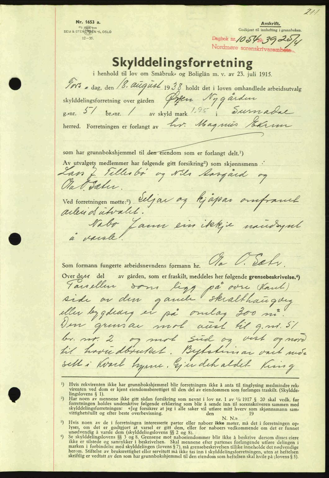 Nordmøre sorenskriveri, SAT/A-4132/1/2/2Ca: Mortgage book no. A86, 1939-1939, Diary no: : 1054/1939