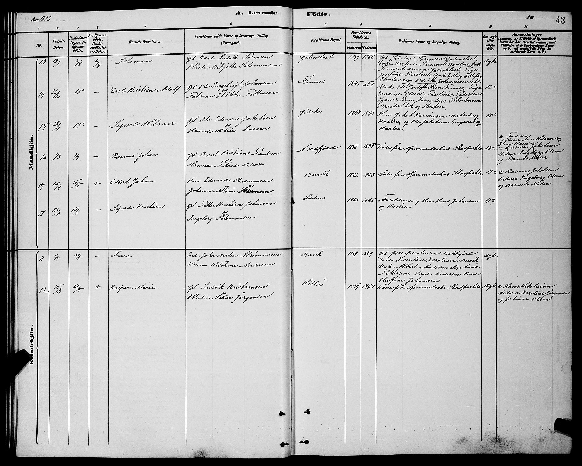 Lenvik sokneprestembete, AV/SATØ-S-1310/H/Ha/Hab/L0021klokker: Parish register (copy) no. 21, 1884-1900, p. 43