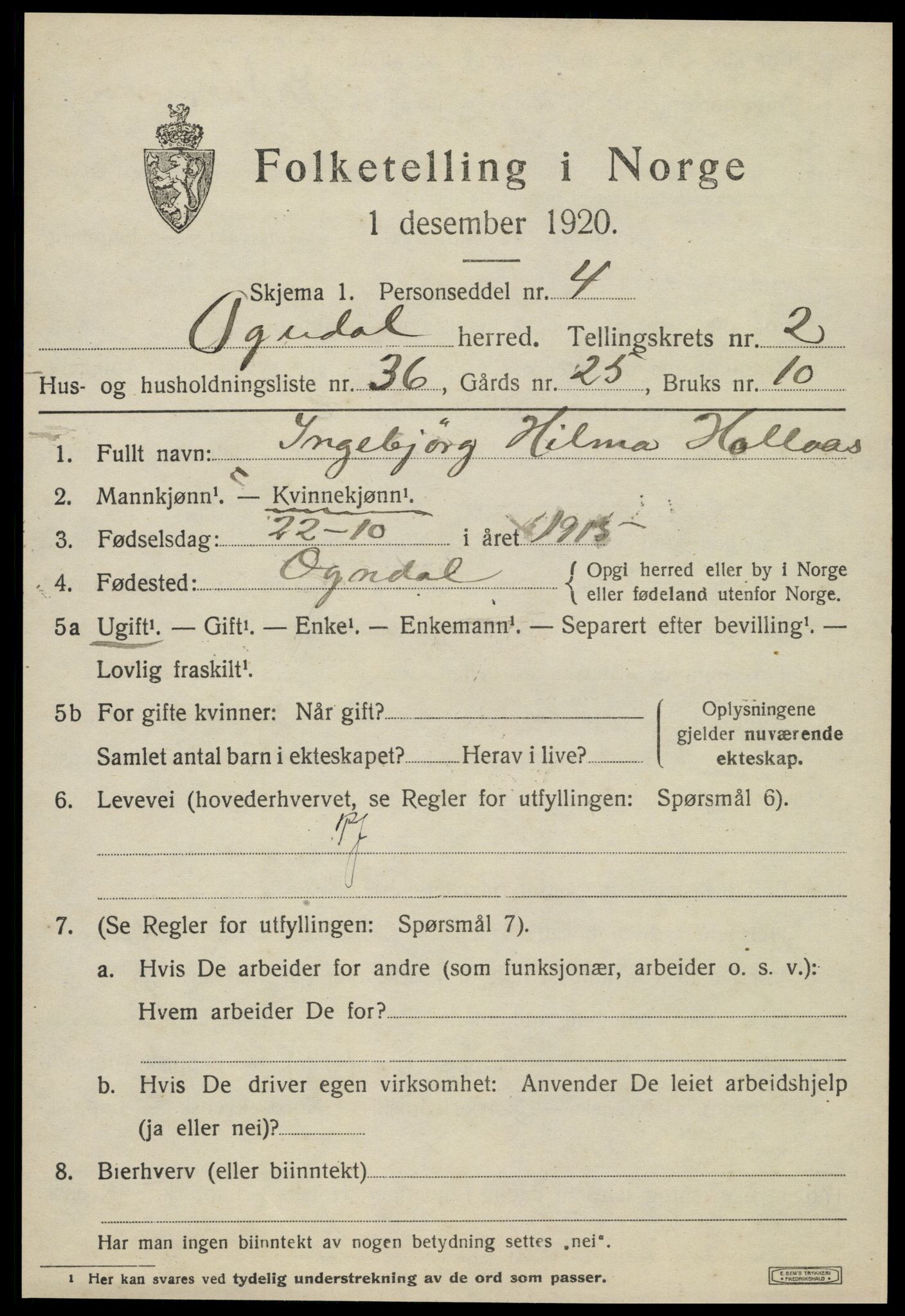 SAT, 1920 census for Ogndal, 1920, p. 1163