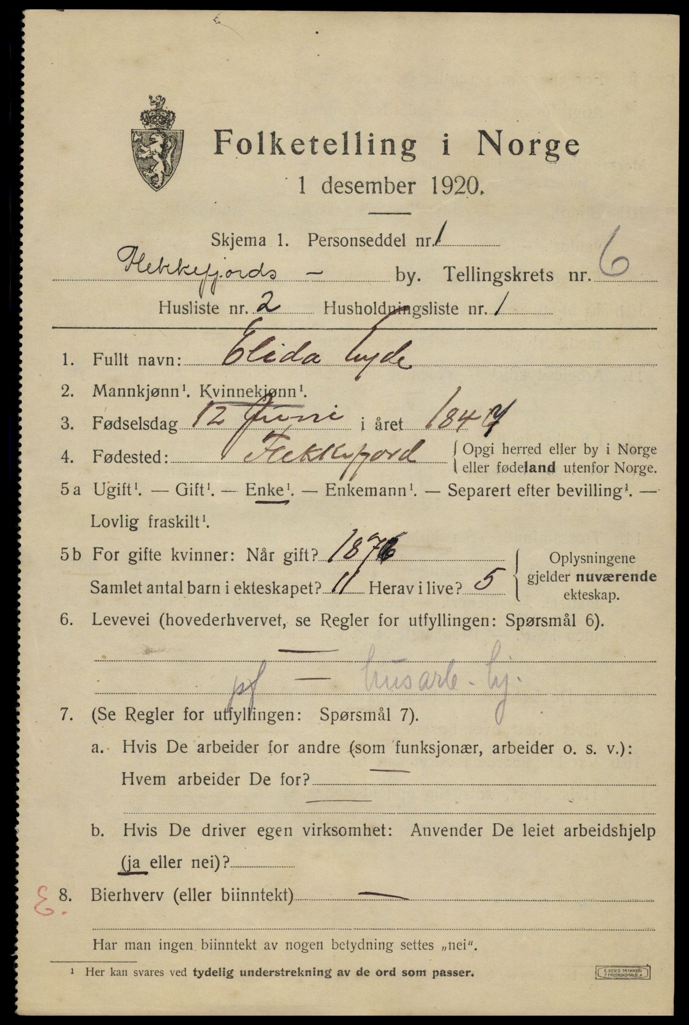 SAK, 1920 census for Flekkefjord, 1920, p. 5772