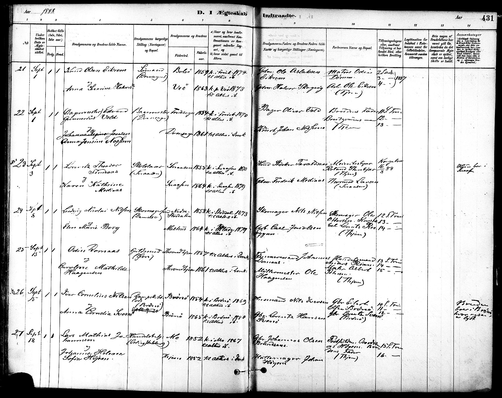 Ministerialprotokoller, klokkerbøker og fødselsregistre - Sør-Trøndelag, AV/SAT-A-1456/601/L0058: Parish register (official) no. 601A26, 1877-1891, p. 431