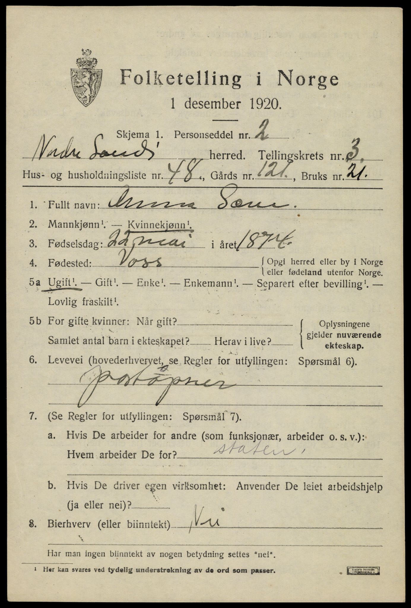 SAH, 1920 census for Nordre Land, 1920, p. 2950