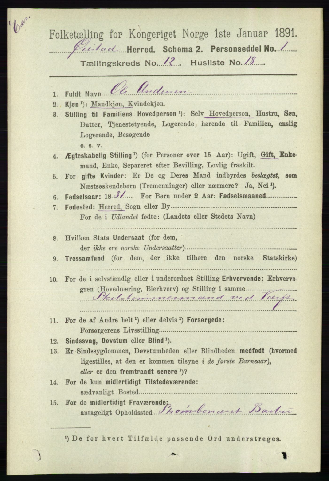 RA, Census 1891 for Nedenes amt: Gjenparter av personsedler for beslektede ektefeller, menn, 1891, p. 674