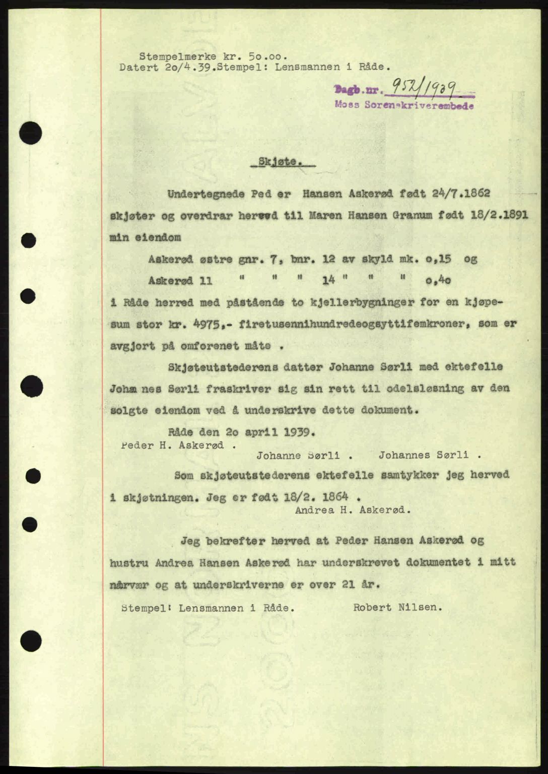 Moss sorenskriveri, SAO/A-10168: Mortgage book no. A5, 1938-1939, Diary no: : 952/1939