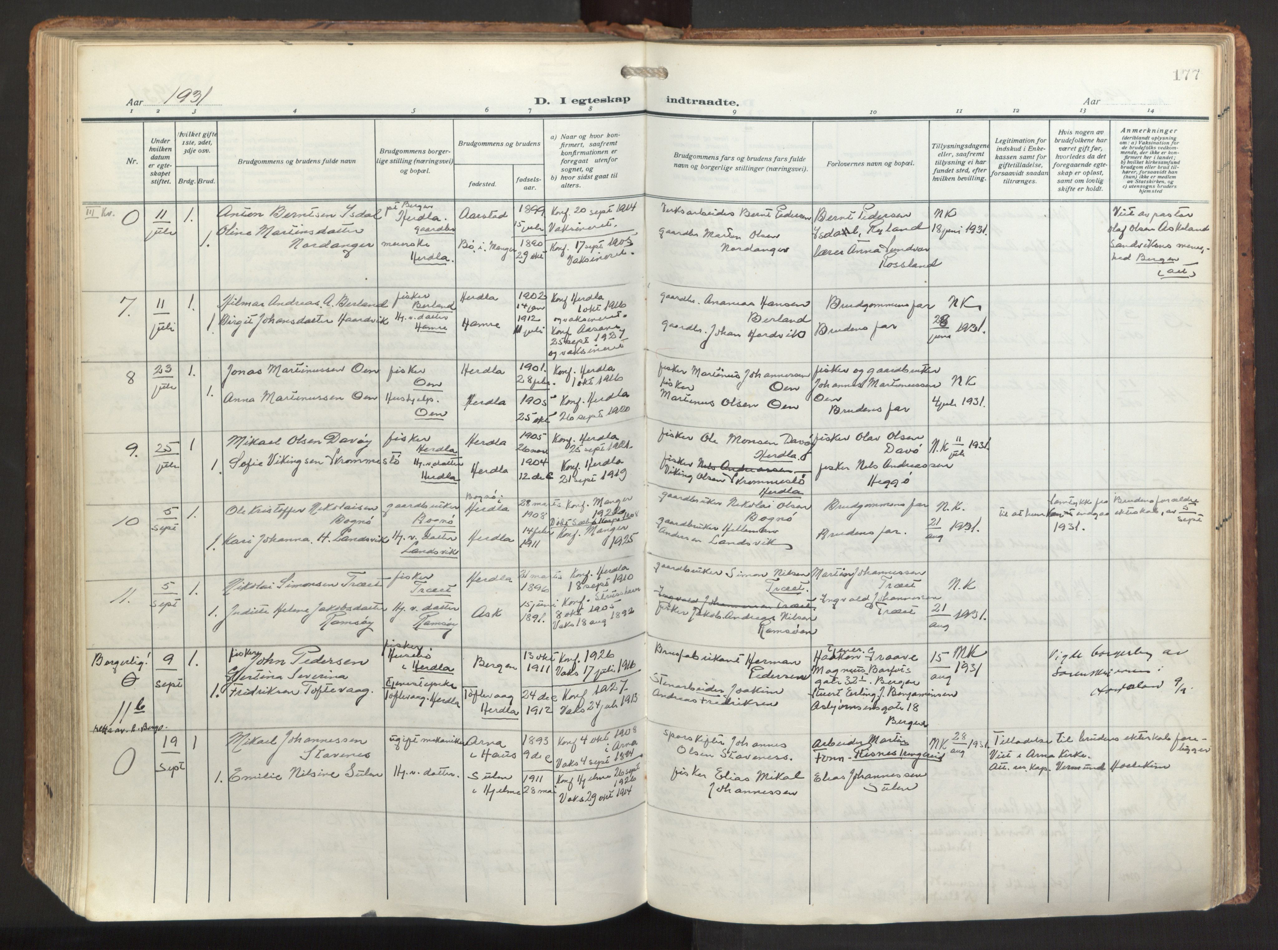 Herdla Sokneprestembete, SAB/A-75701/H/Haa: Parish register (official) no. A 6, 1918-1933, p. 177
