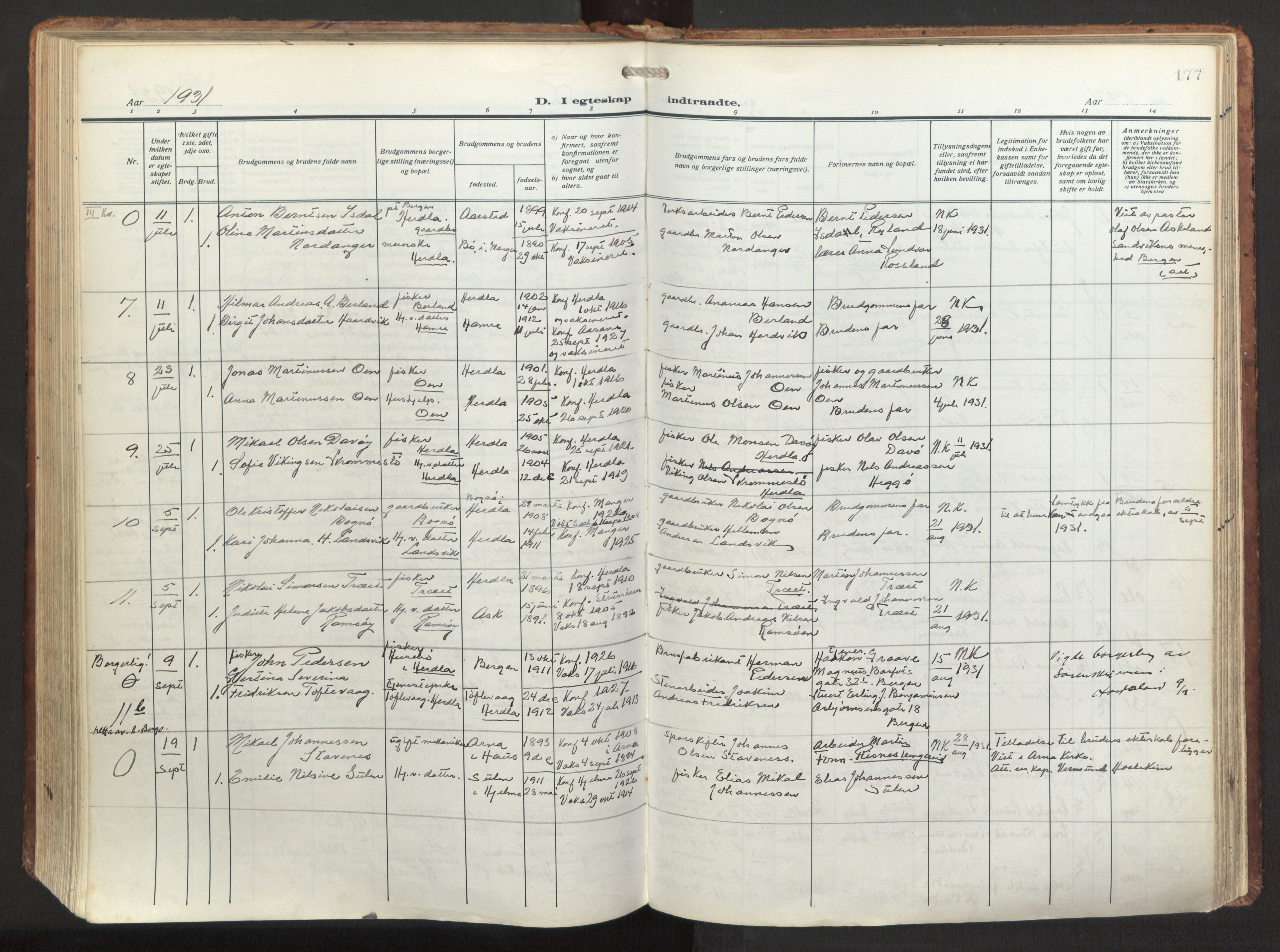 Herdla Sokneprestembete, AV/SAB-A-75701/H/Haa: Parish register (official) no. A 6, 1918-1933, p. 177