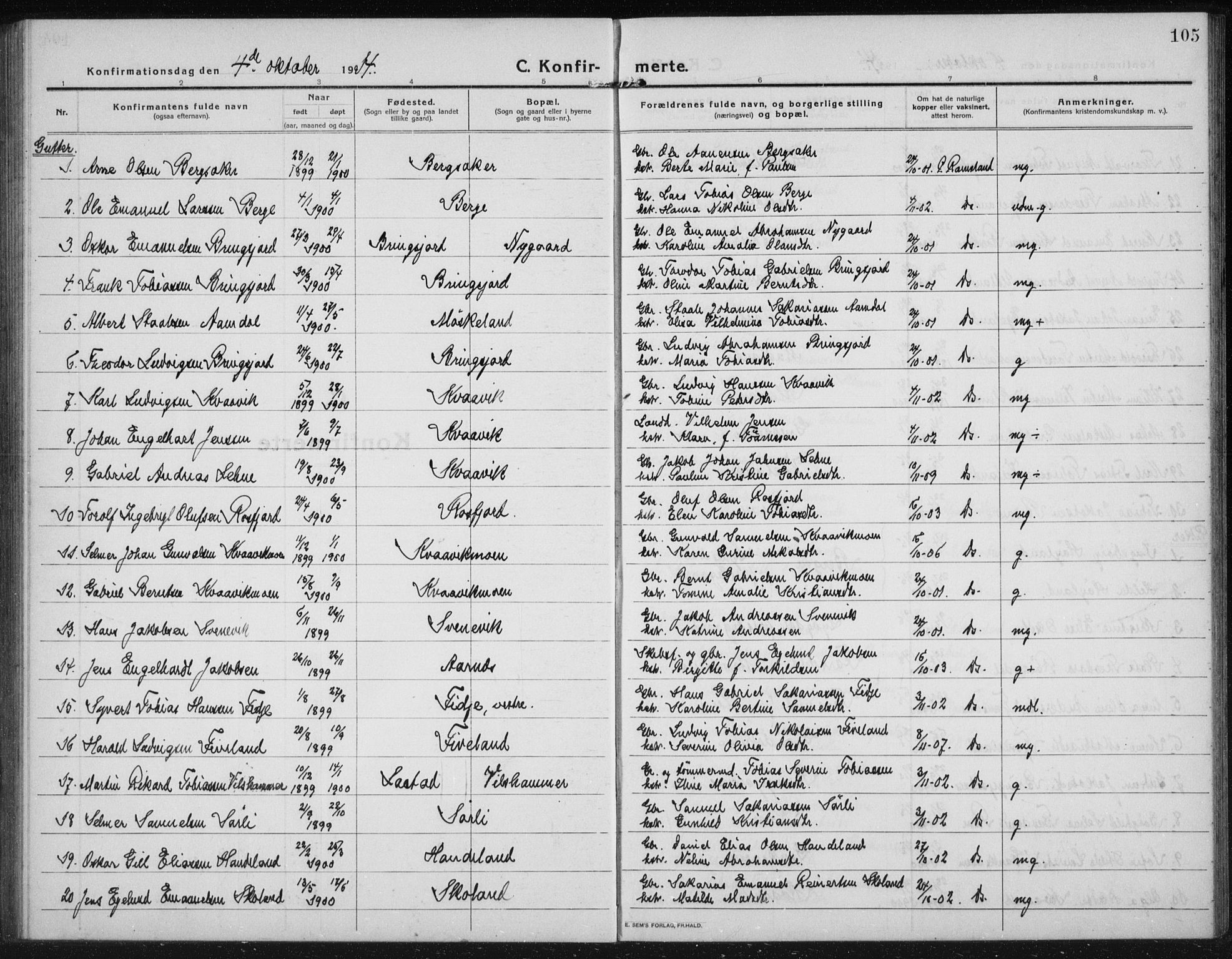 Lyngdal sokneprestkontor, AV/SAK-1111-0029/F/Fb/Fbc/L0006: Parish register (copy) no. B 6, 1914-1934, p. 105