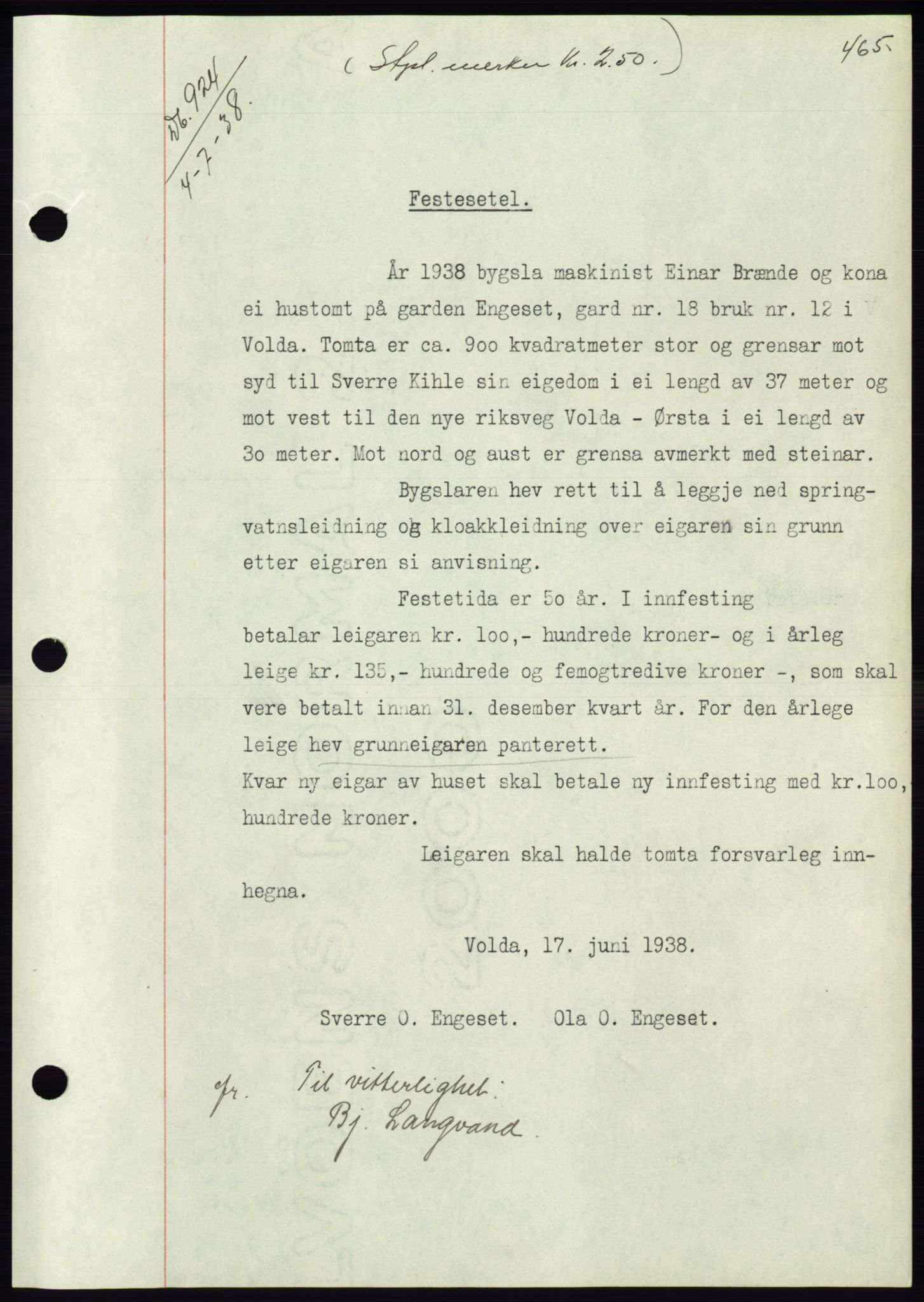 Søre Sunnmøre sorenskriveri, AV/SAT-A-4122/1/2/2C/L0065: Mortgage book no. 59, 1938-1938, Diary no: : 924/1938