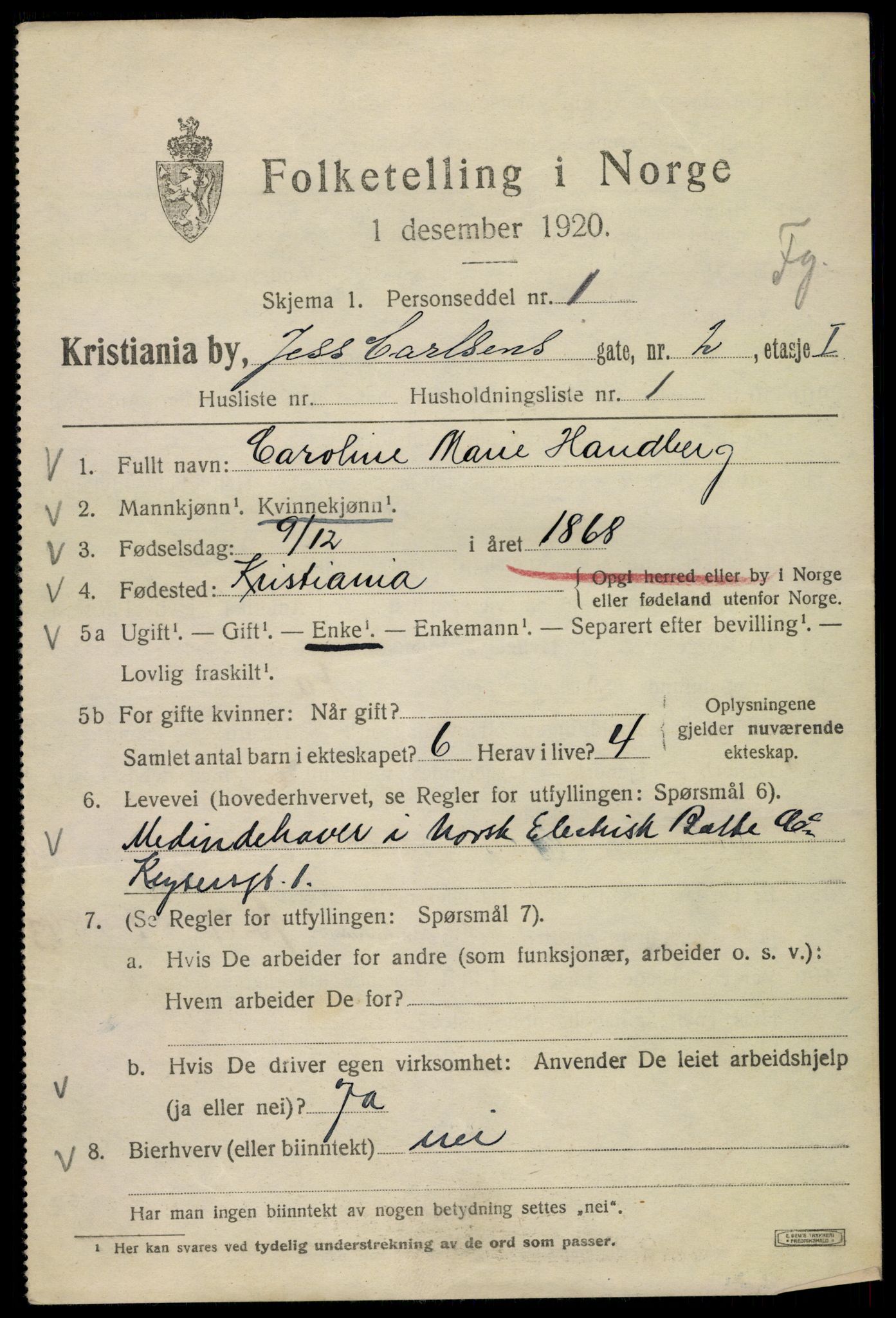 SAO, 1920 census for Kristiania, 1920, p. 323323
