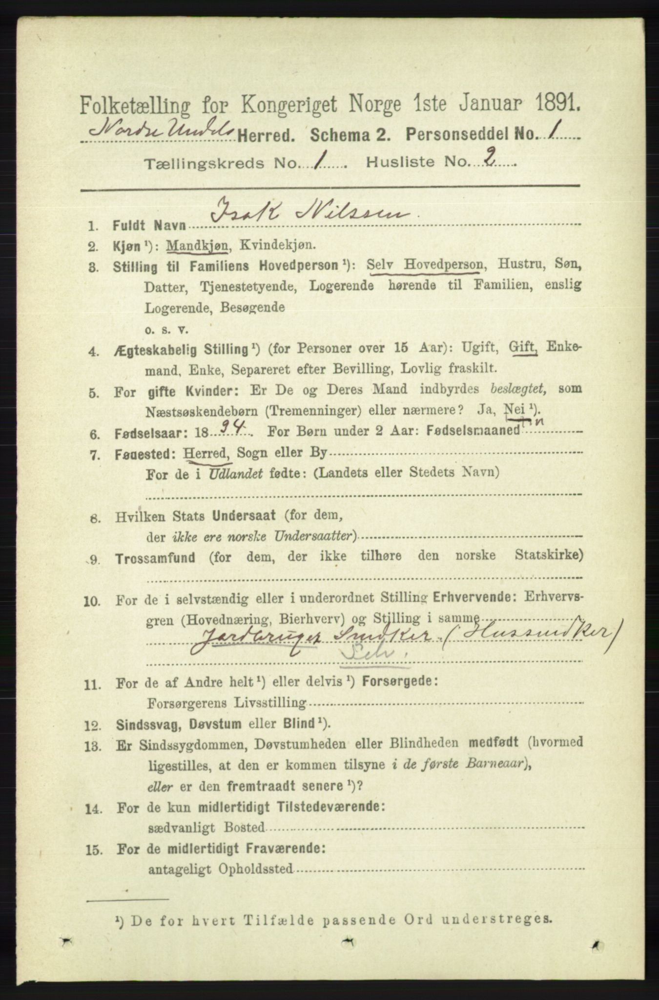 RA, 1891 census for 1028 Nord-Audnedal, 1891, p. 77