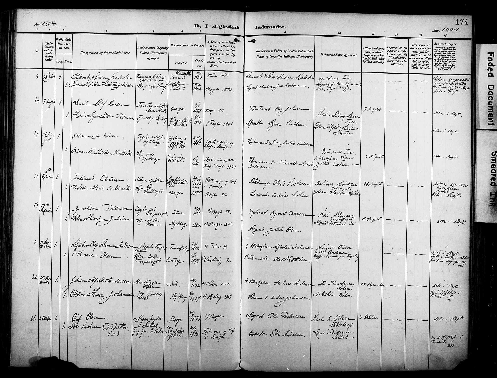 Borge prestekontor Kirkebøker, AV/SAO-A-10903/F/Fa/L0009: Parish register (official) no. I 9, 1902-1911, p. 174