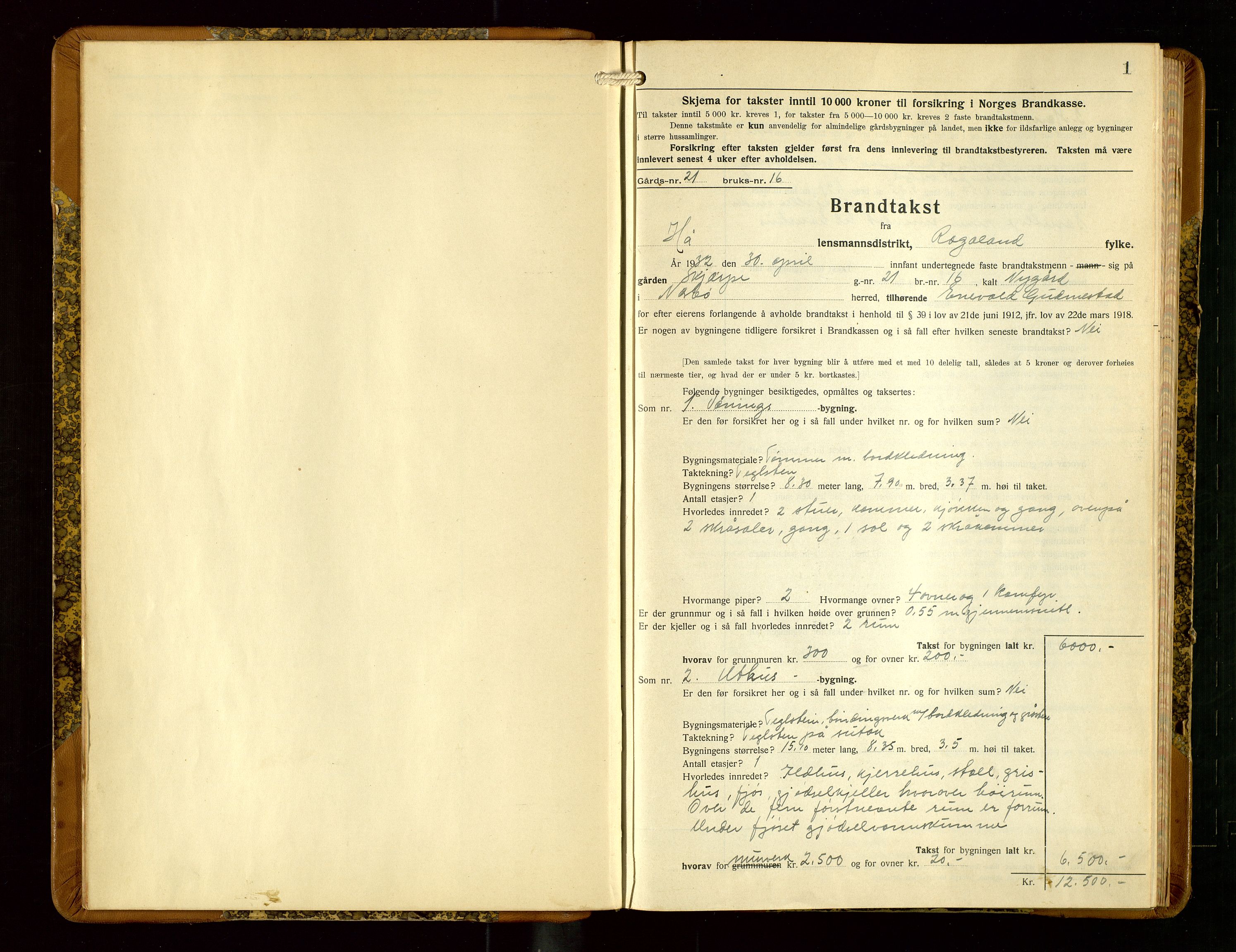 Hå lensmannskontor, AV/SAST-A-100456/Goa/L0006: Takstprotokoll (skjema), 1932-1938, p. 1