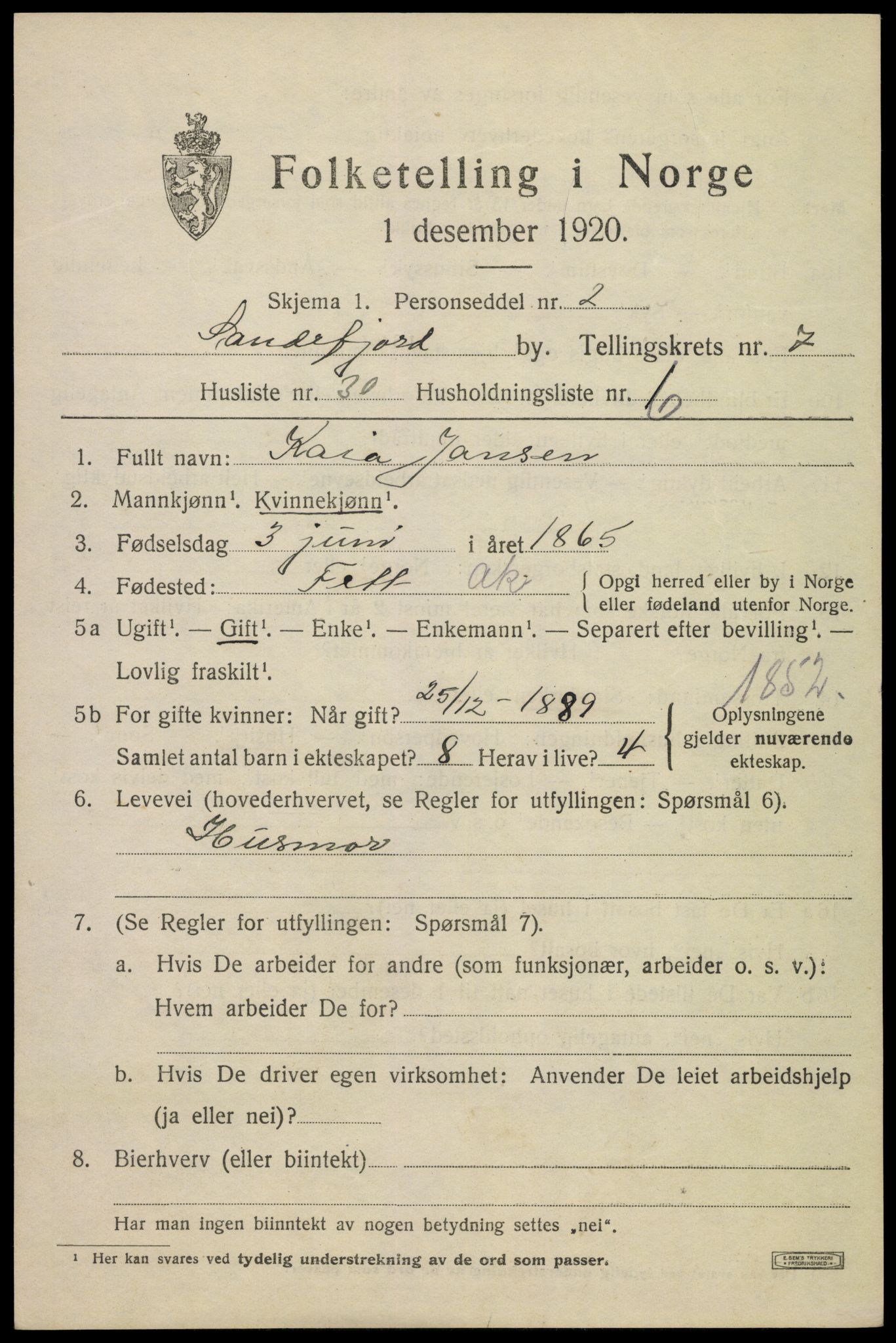 SAKO, 1920 census for Sandefjord, 1920, p. 11100