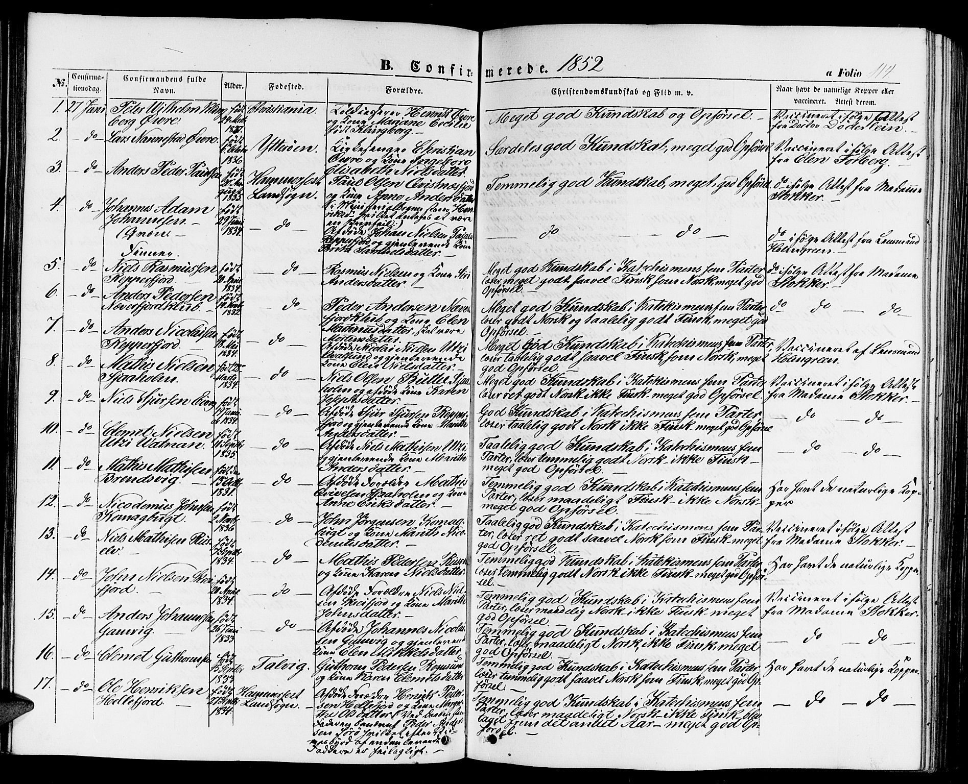 Hammerfest sokneprestkontor, SATØ/S-1347/H/Hb/L0002.klokk: Parish register (copy) no. 2, 1851-1861, p. 114