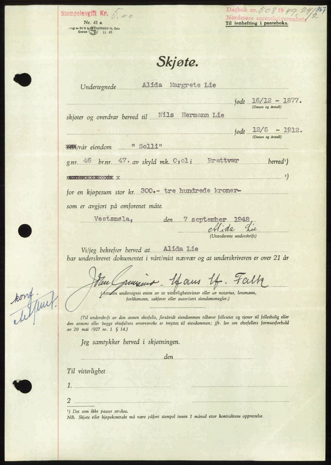 Nordmøre sorenskriveri, AV/SAT-A-4132/1/2/2Ca: Mortgage book no. A110, 1948-1949, Diary no: : 508/1949