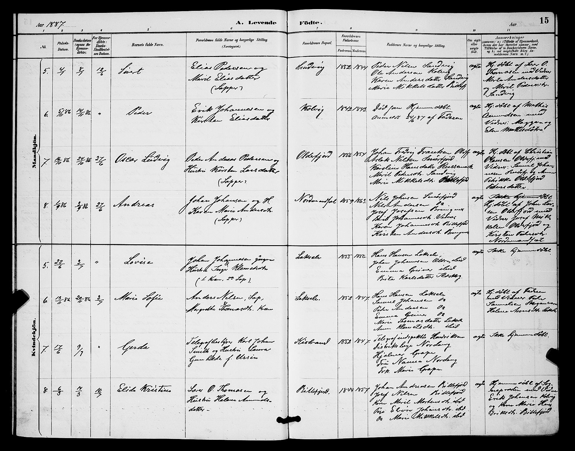 Kistrand/Porsanger sokneprestembete, SATØ/S-1351/H/Hb/L0004.klokk: Parish register (copy) no. 4, 1885-1894, p. 15