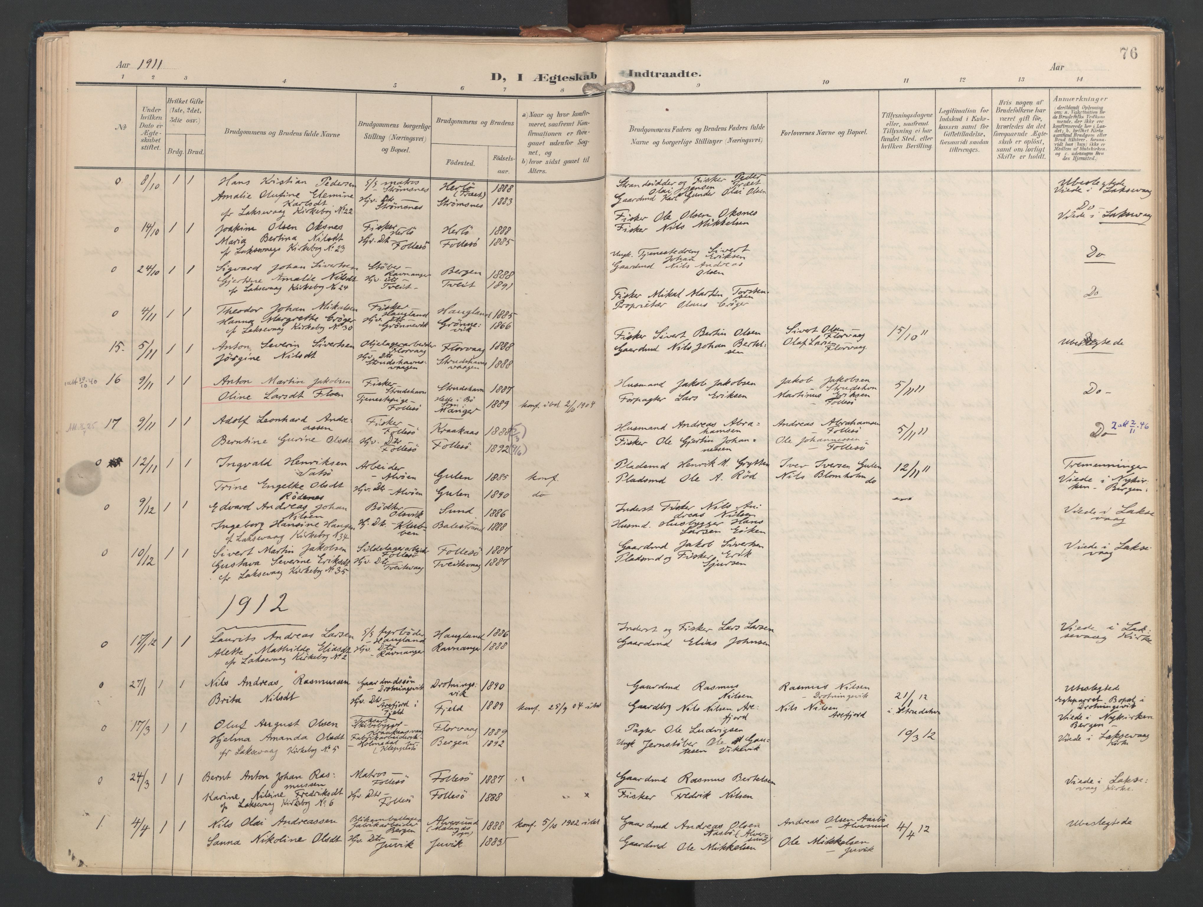 Askøy Sokneprestembete, AV/SAB-A-74101/H/Ha/Haa/Haad/L0001: Parish register (official) no. D 1, 1902-1916, p. 76