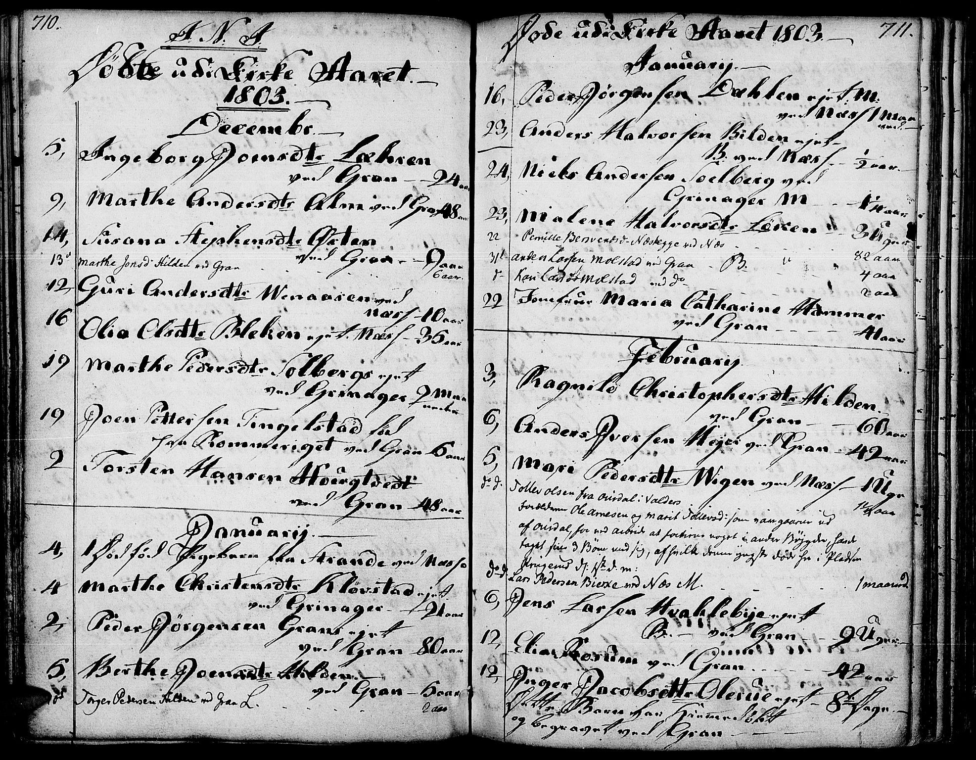 Gran prestekontor, SAH/PREST-112/H/Ha/Haa/L0006: Parish register (official) no. 6, 1787-1824, p. 710-711